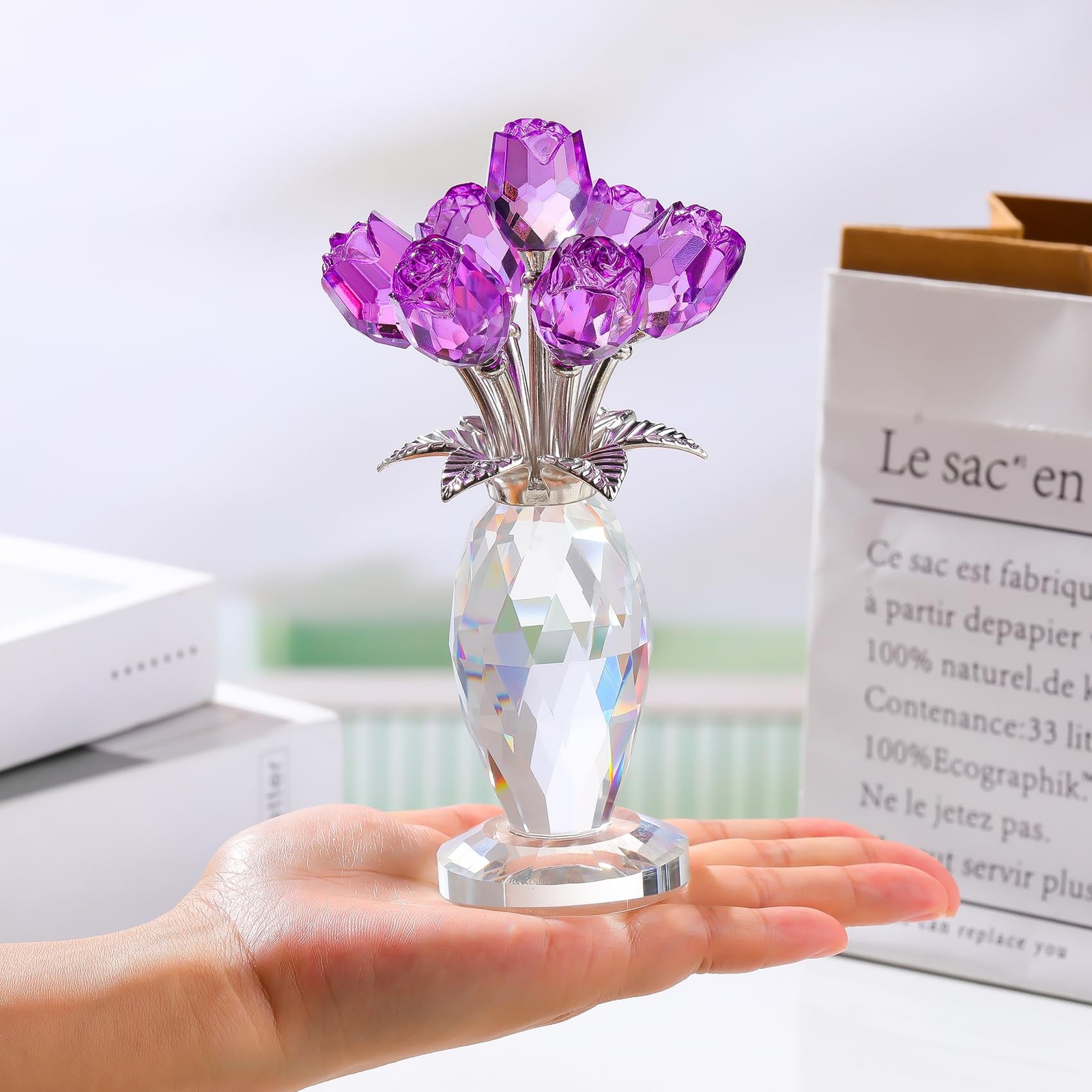 Handcrafted Crystal Purple Rose Figurine with Vase – Elegant Gift for Women