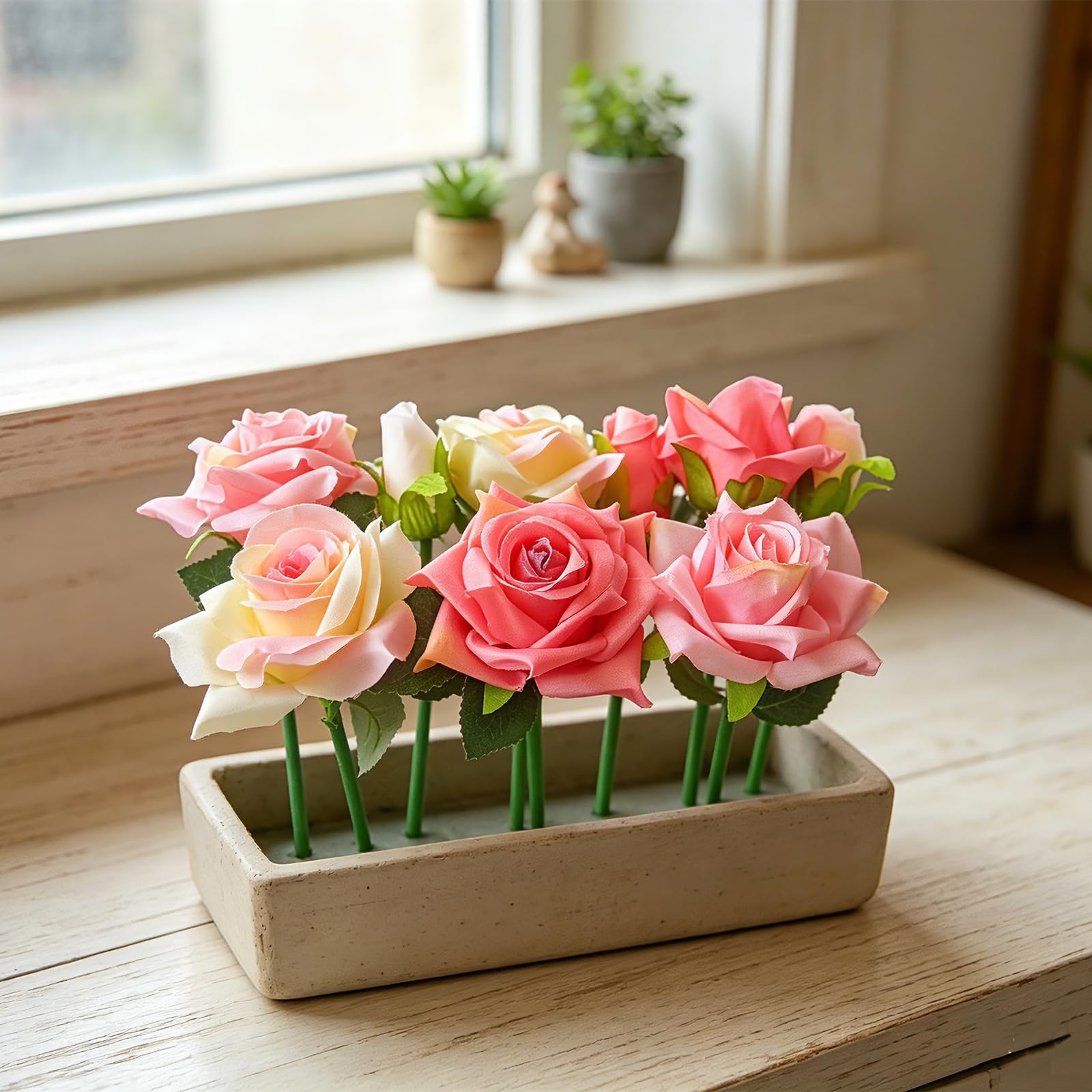 Fake Flowers in A Vase Pink Silk Roses Bouquet with Ceramic Vase Lifelike Fak…