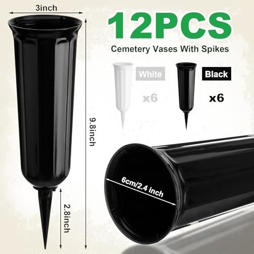 Cemetery Grave Flower Vases W/ Spikes Floral Holder PP Plastic Black White 12Pc