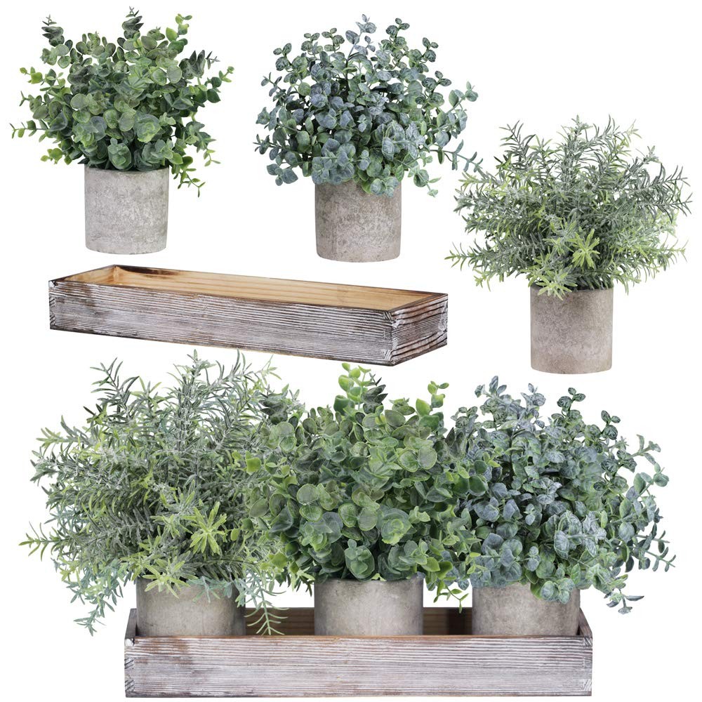 Set of 3 Mini Potted Artificial Eucalyptus Plants Faux Rosemary Plant Assortm…