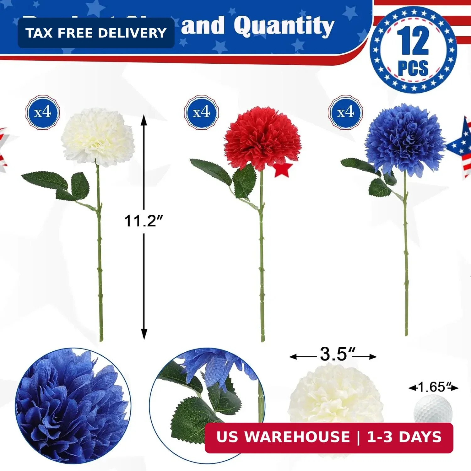Hananona 12 Pcs Artificial Chrysanthemums Flowers Patriotic Flower, 4th of July