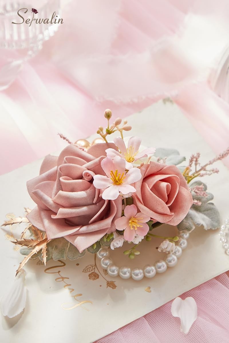 2 PCS Wrist Corsage 6-7 Inch Dusty Pink Artificial Flowers Fits Wedding