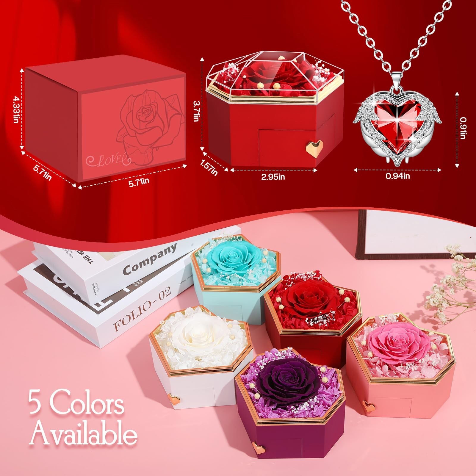 Preserved Red Real Rose with Necklace Forever Flowers Diamond Shaped Box for …