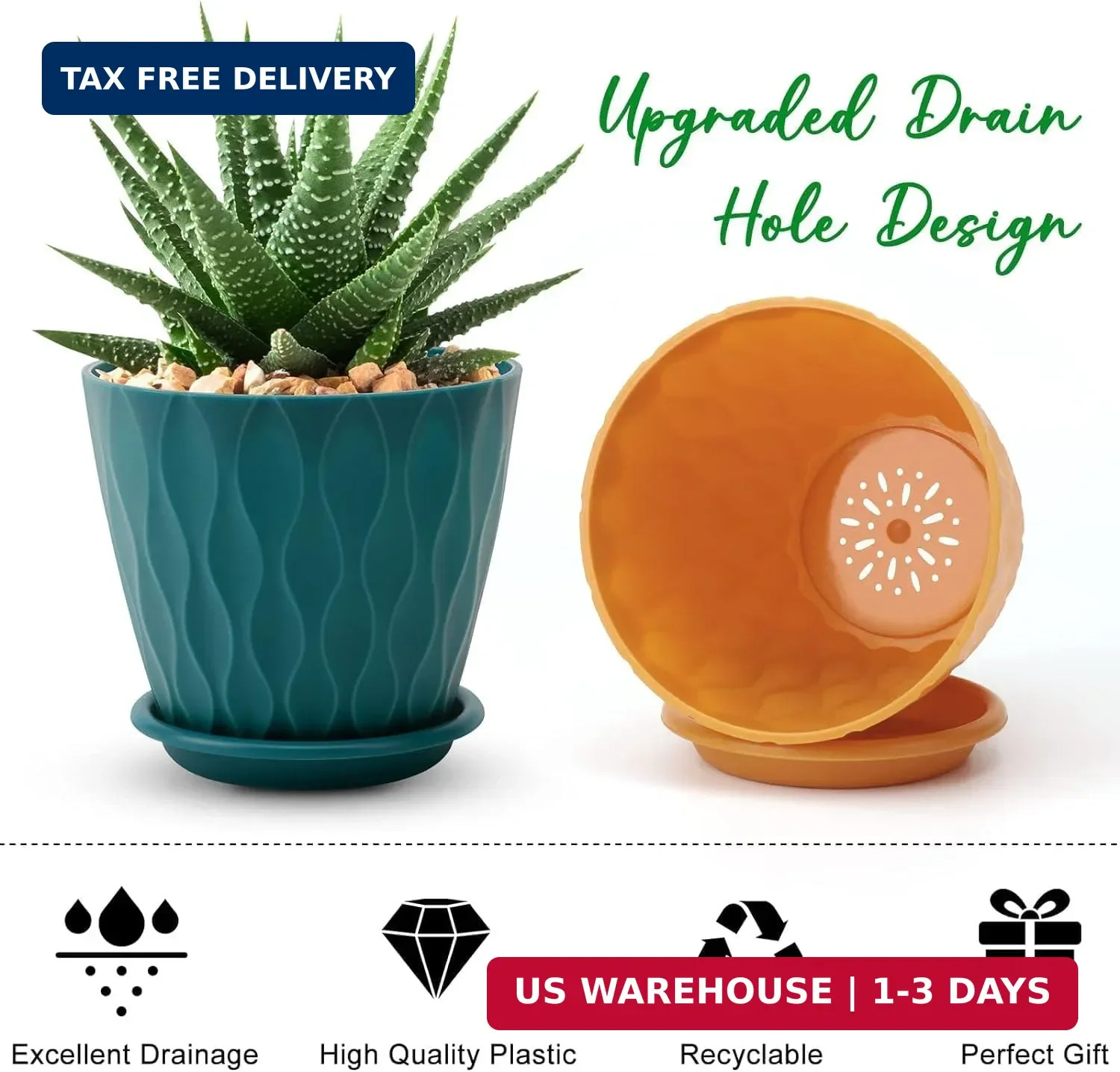 6 Inch Plant Pots 5 Pack Planters with Drainage Holes & Saucers