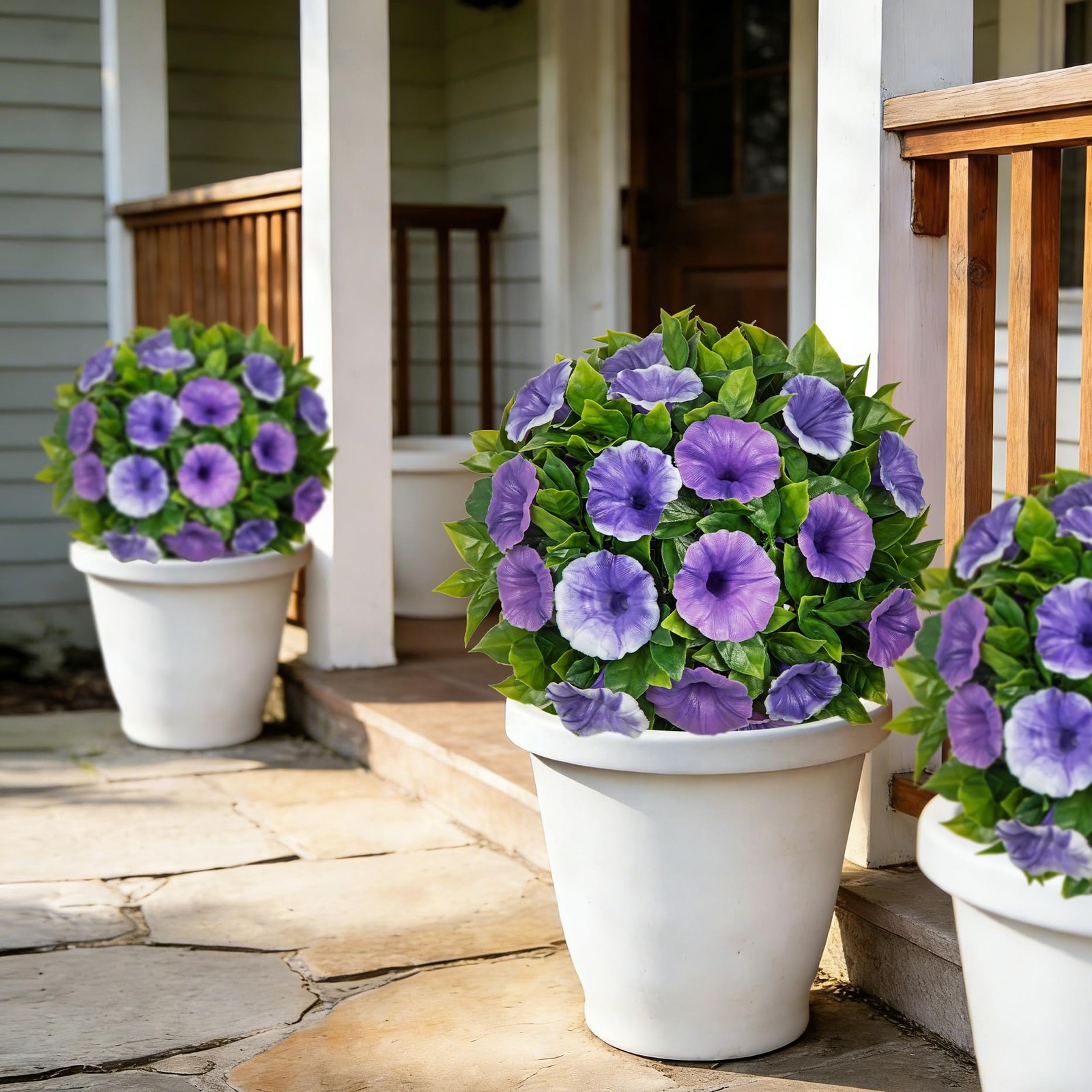 Artificial Petunia Plant Topiary Ball – 9 Inch UV Resistant Faux Purple & Whi…