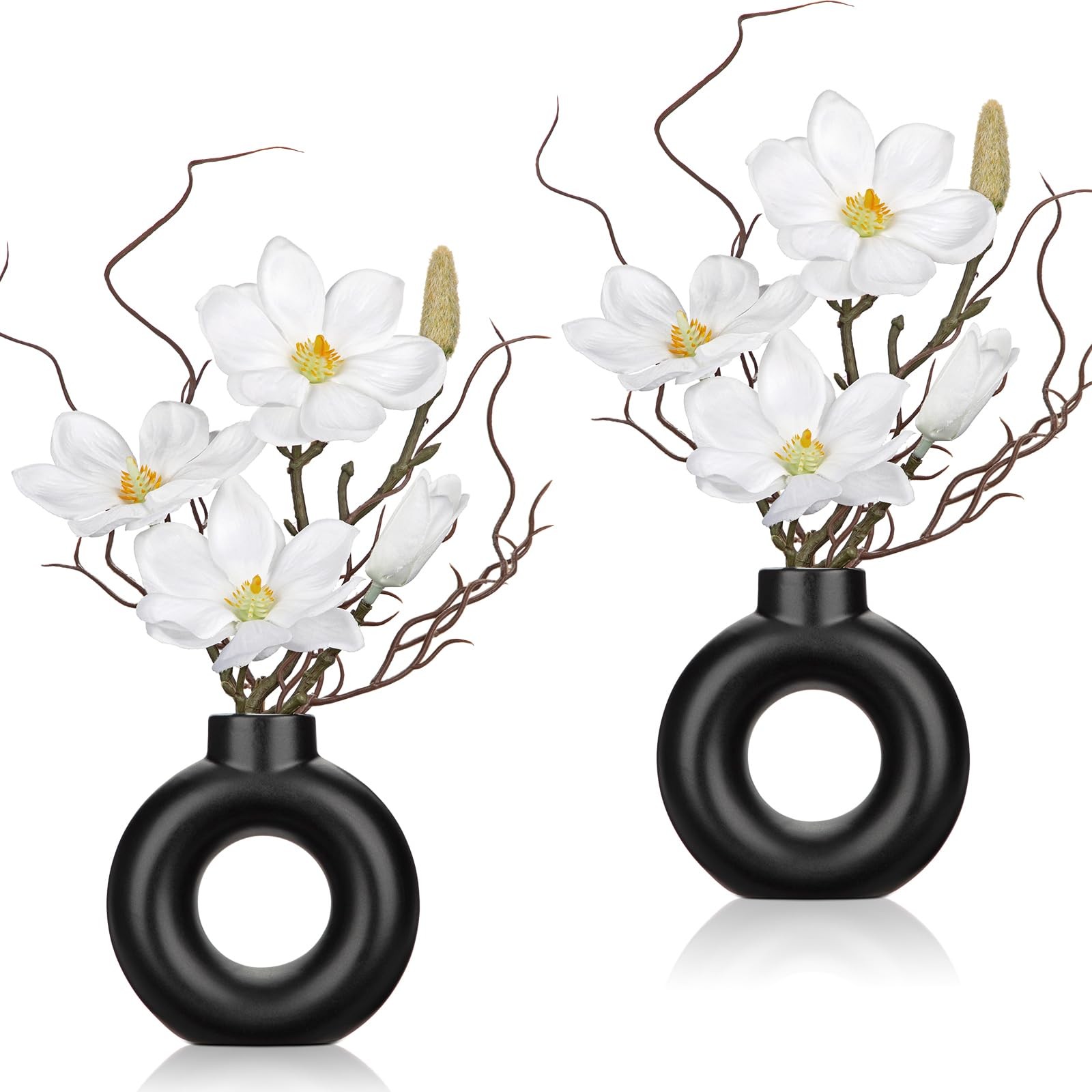 2 PCS White Magnolia Artificial Flowers In Black Vase Faux Floral Centerpiece