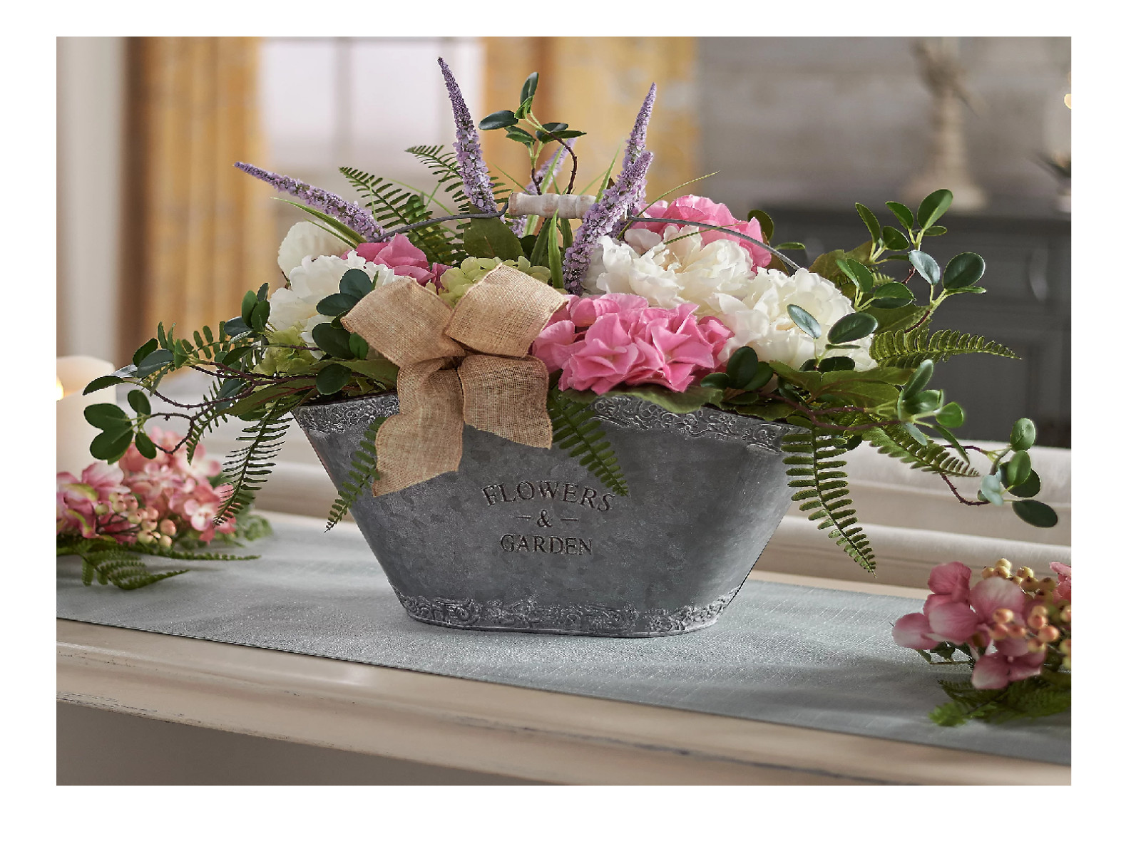 18″H x 23″L x 10″W Peony, Hydrangea, and Lavender Arrangement in metal pail NEW