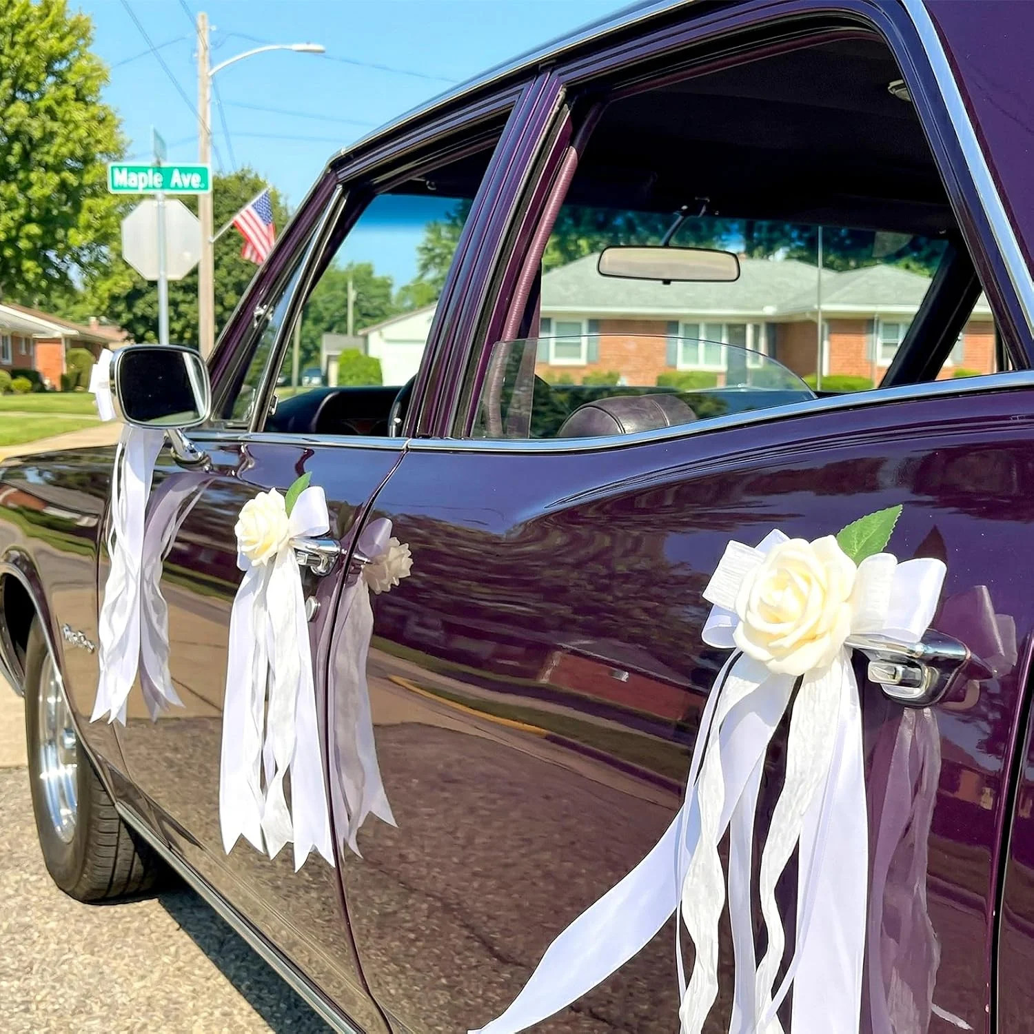 6PCS Wedding Car Door Handle Flowers, White Artificial Cars Rearview Mirror Bouq