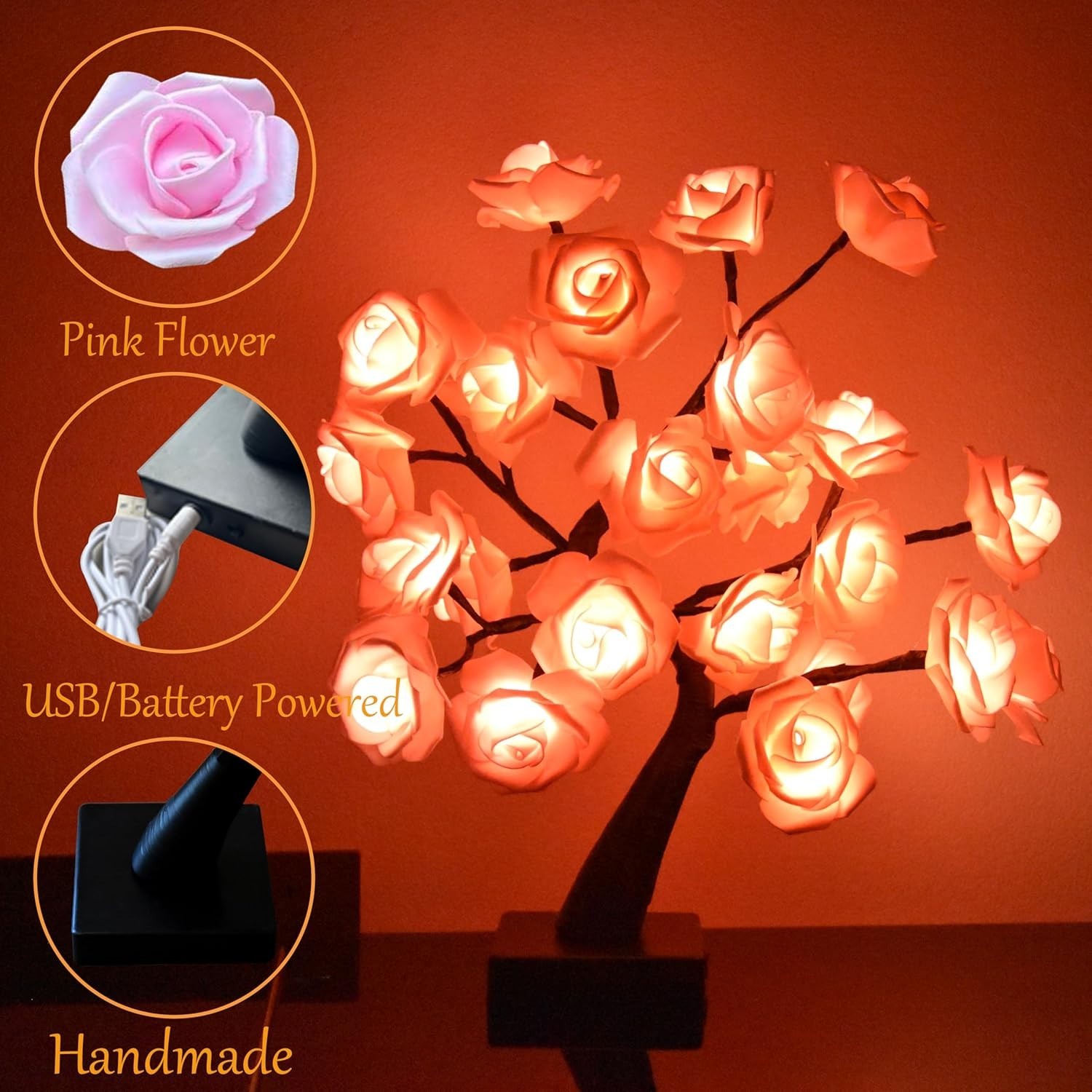 24 LED Pink Rose Tree Light, Artificial Bonsai Flower Table Lamp, USB Battery…