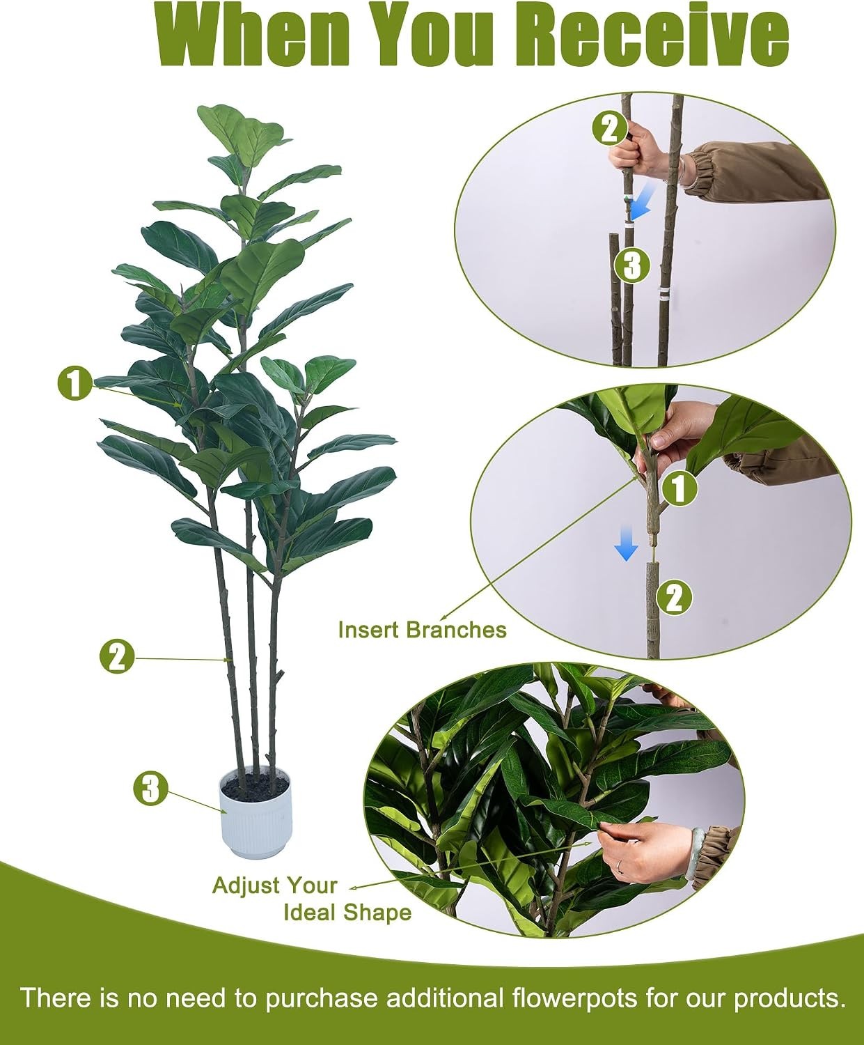 5FT Artificial Ficus Tree Faux Fiddle Leaf Fig Plant in White Pot with Moss