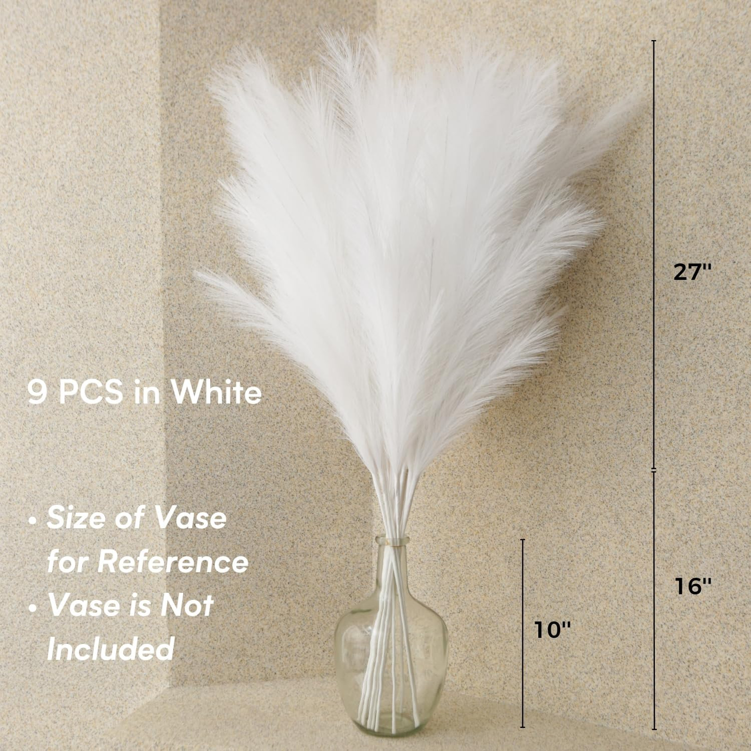Faux Pampas Grass Tall, 9 PCS 43”/ 110 cm Large Fluffy White Pampas Grass, Fake