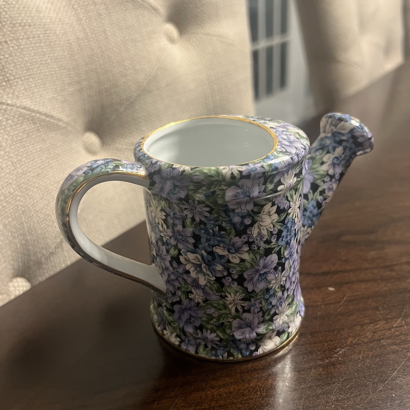 Porcelain Watering Can Two’s Company Mollie Blue Purple Chintz Floral Gold 4”