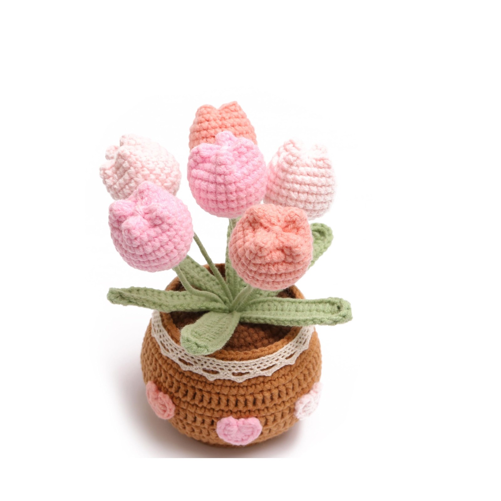 Pink Crocheted Tulip Bouquets Hand Woven Artificial Flowers 6 PCS Gift