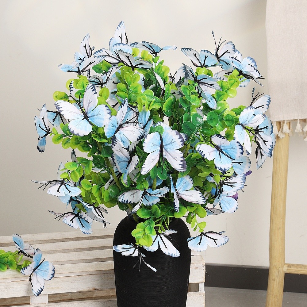Eucalyptus Style Artificial Flower Branch with Butterflies 56cm Height