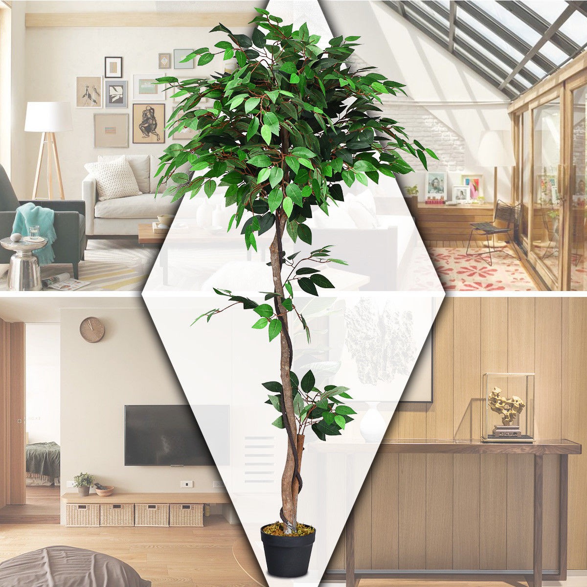 5.5-Feet Artificial Ficus Silk Tree Wood Trunks Green In/Outdoor Home Décor
