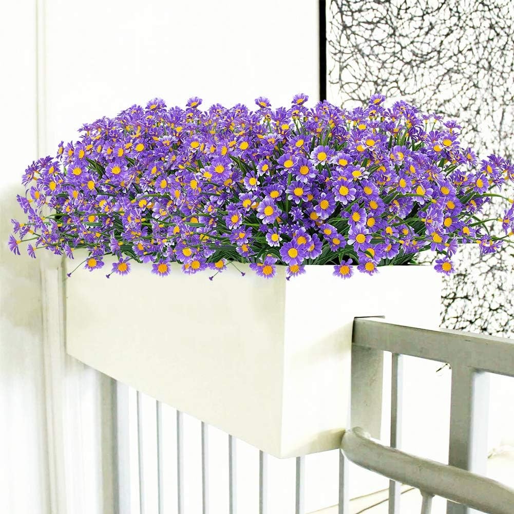 Artificial Daisies Flowers Outdoor UV Resistant 4 Bundles Fake Foliage Purple