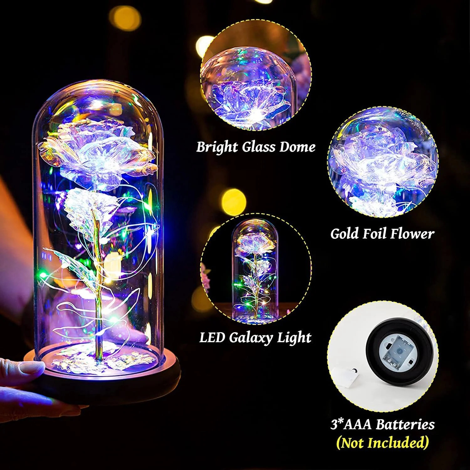 Eternal Forever Galaxy Rose Flower In Glass Dome LED Light Valentine’s Day Gift
