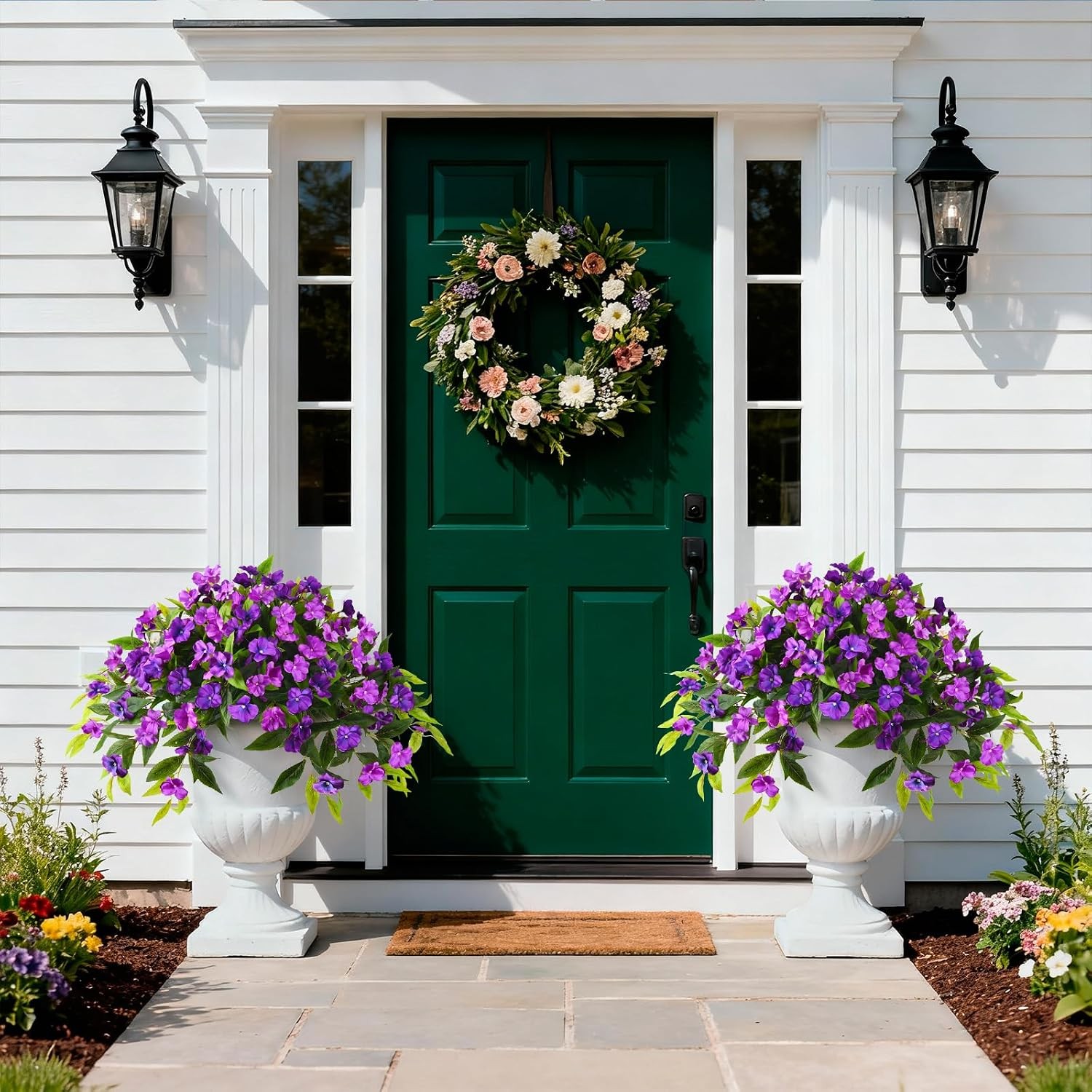 2 Bundles Artificial Flowers, UV Resistant Faux Silk Outdoor Planter Decor
