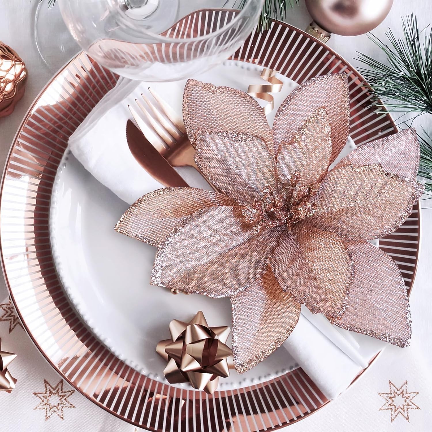 24 Pcs Christmas Glittered Poinsettia Floral Picks Rose Gold Artificial Silk Poi