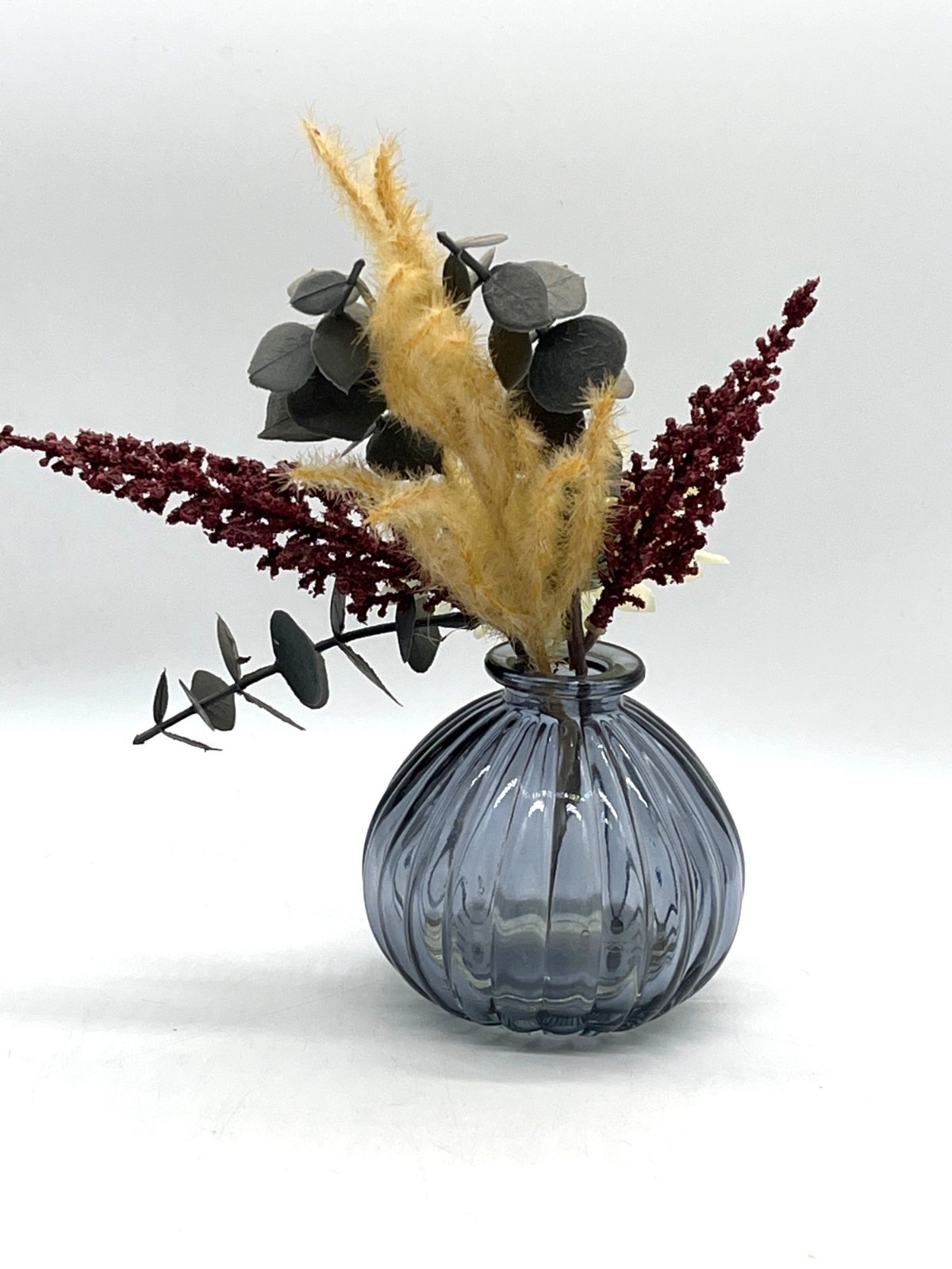 Modern Dried Floral Arrangement Charcoal Glass Vase W/ Sunflower Pampas Grass