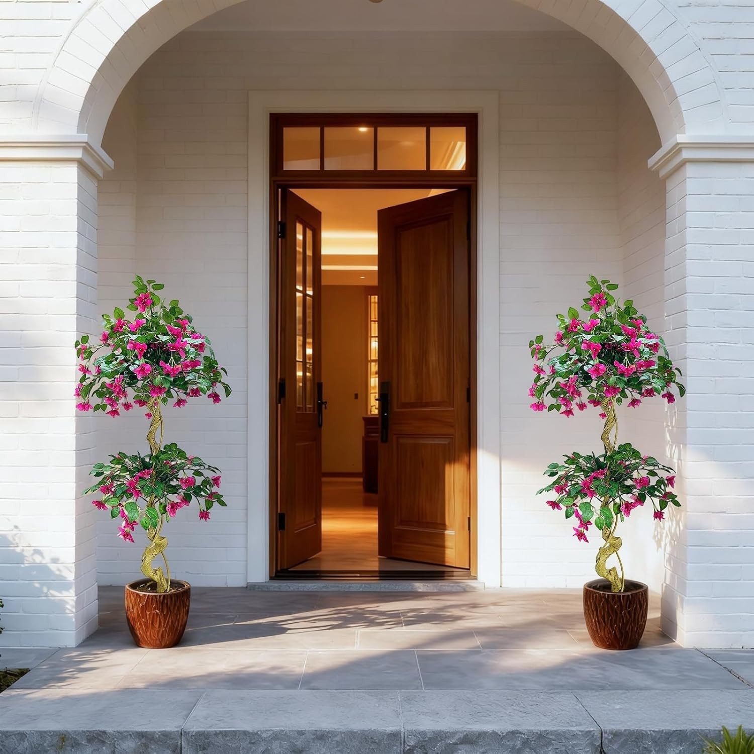 5FT Artificial Bougainvillea Tree in White Pot Fake Pink Flower Decor Faux Plant