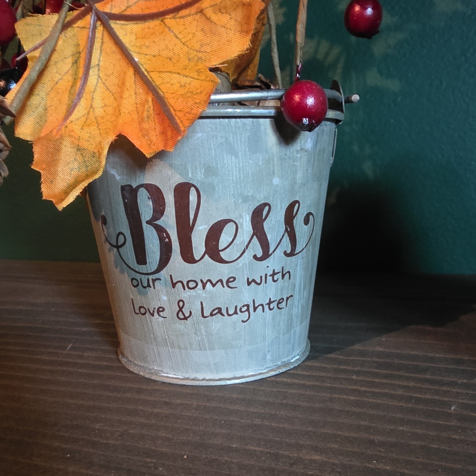 Artificial Fall Floral Arrangement Pumpkin Berry Leaf Pinecone Metal Bucket