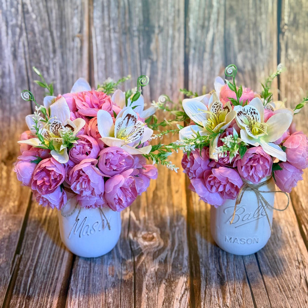 Pink Peony Lily Floral Arrangement 16oz Mason Jar Baby Shower Gift, Home Decor