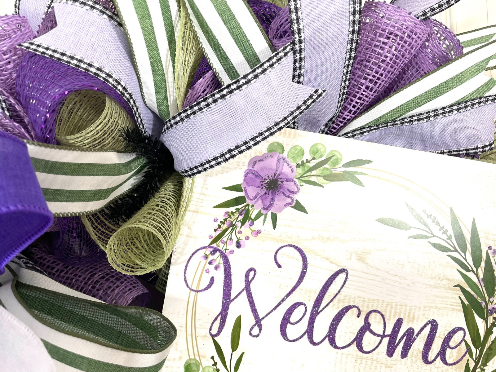 High-End Purple “Welcome” Door Wreath, 24″ diameter with 10″x10″ wood sign