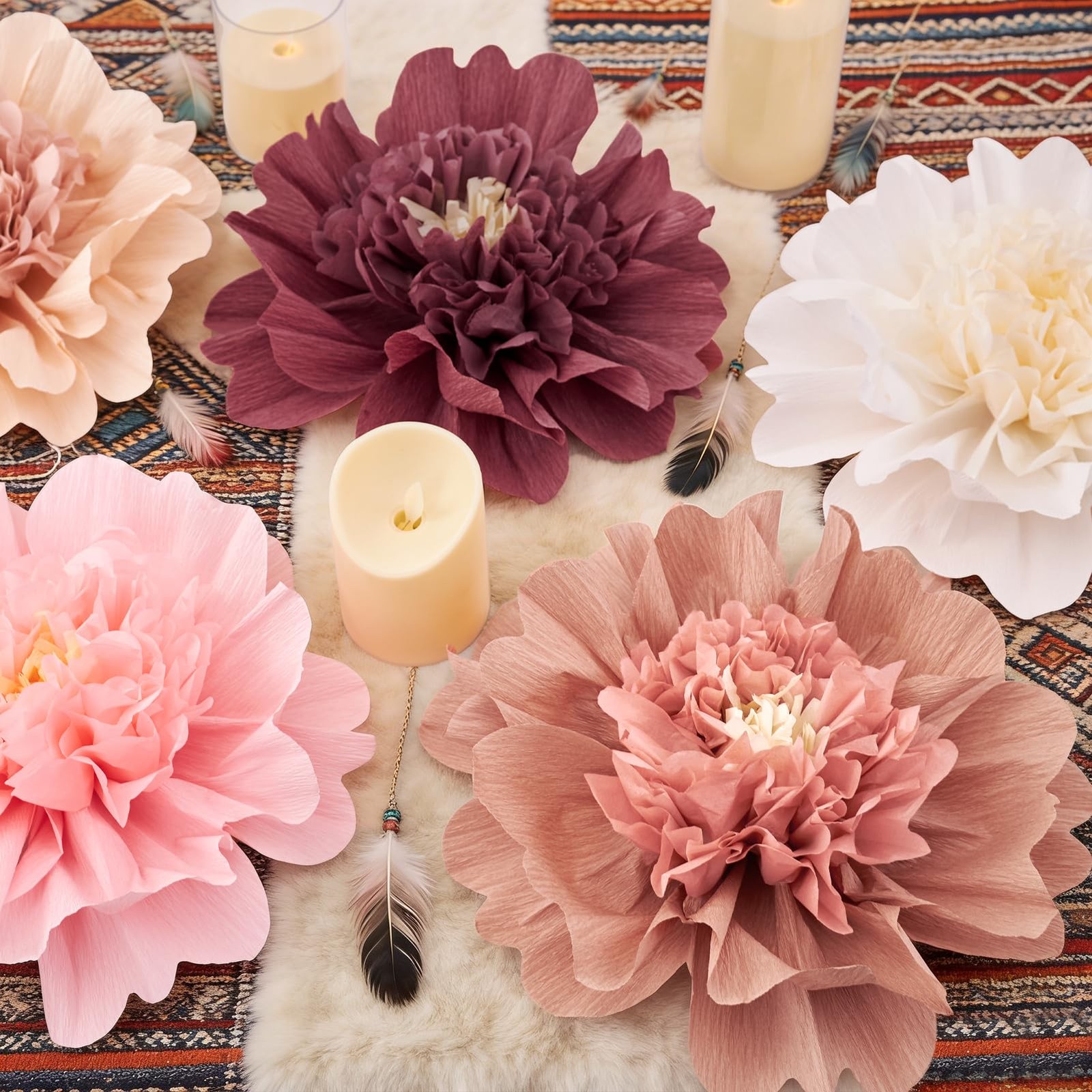 6 Pcs Large Boho Tissue Paper Flowers 12” Giant Crepe Paper Flowers Decorati…