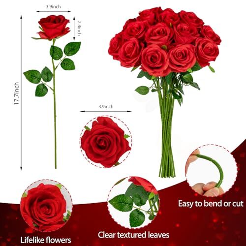 20 Pcs Roses Artificial Silk Flowers Fake Roses Bouquet with Long Stems Red