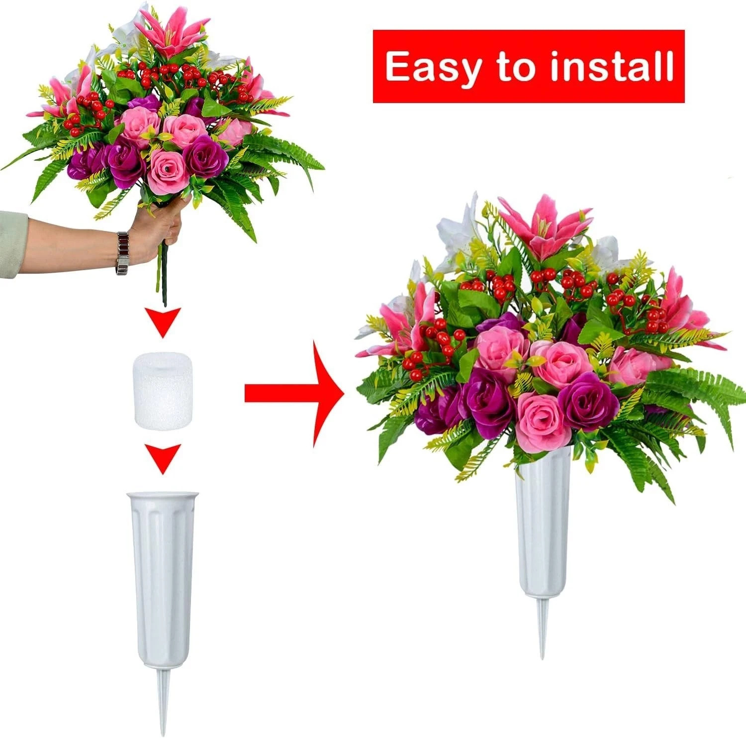 Set of 2 Water-Resistant Artificial Cemetery Flowers with Vase for Memorials