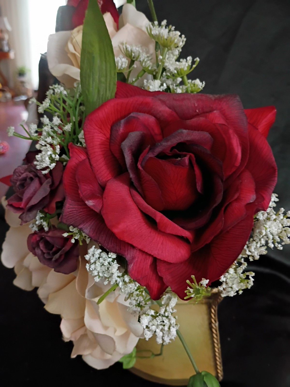 Silk Roses Bouquet In Cream/Gold Tin Wall Container 5.5×2.5×9″