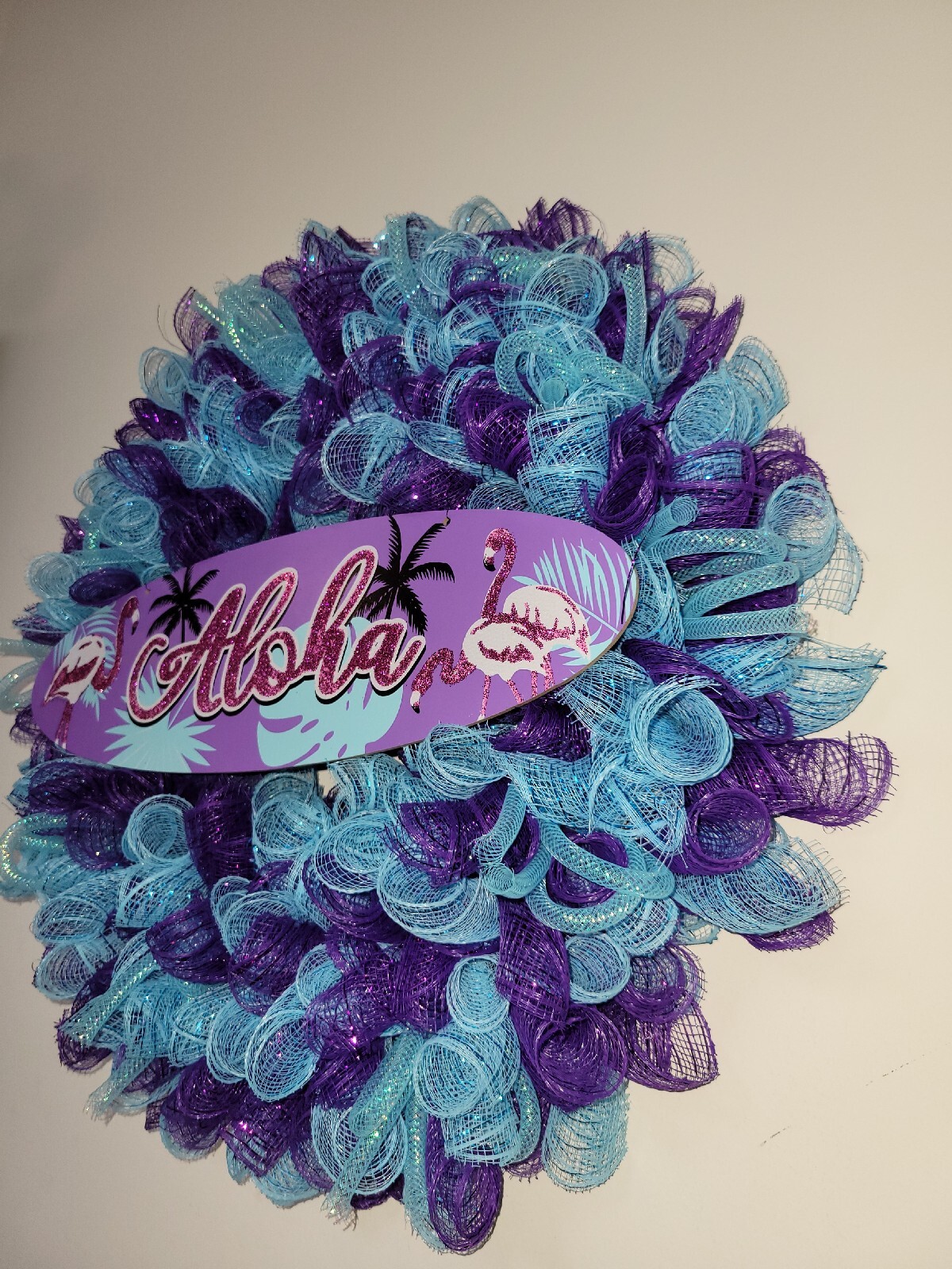 ALOHA Summer Spring Mesh Front Door Wreath Wall Decor BRIGHT Purple Pink Blue