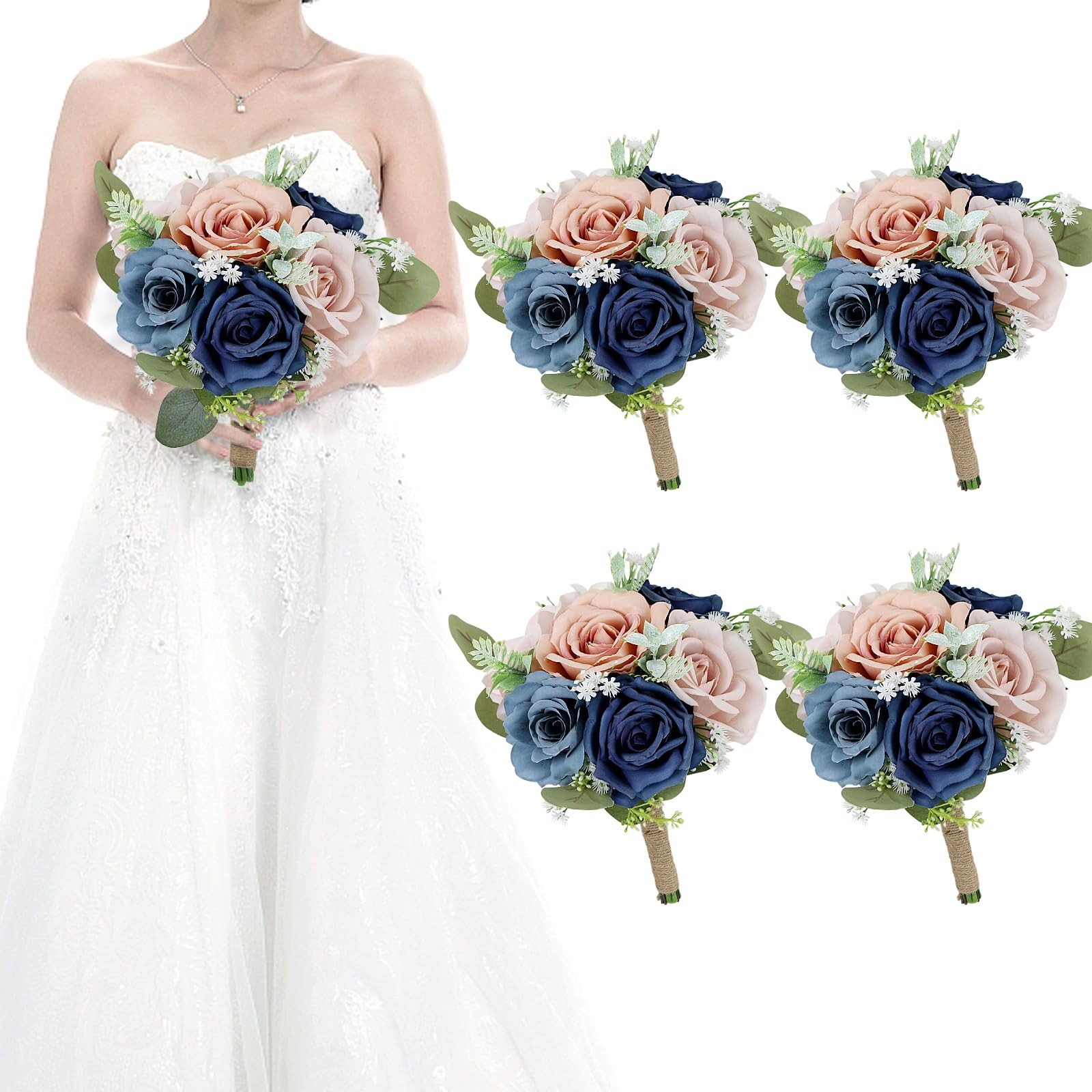 Set of 4 Bridesmaid Bouquets for Wedding – 7 Inch Artificial Flowers Bouquets…
