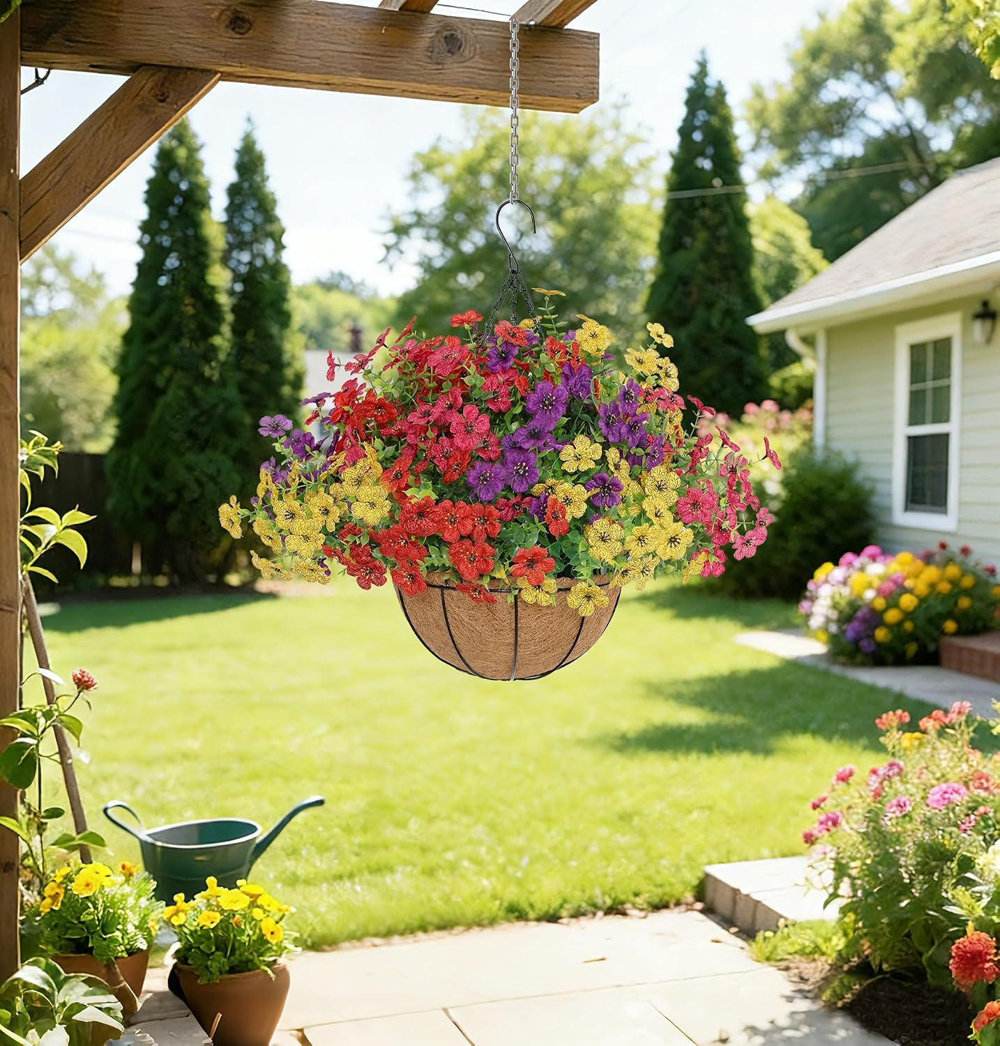 12 Bundles UV Resistant Fake Hanging Flowers with Basket for Outdoor Decor