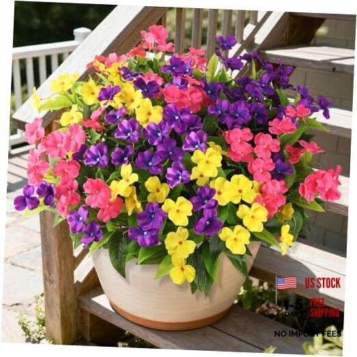 Artificial Impatiens Flowers for Outdoors, 6 Bundles Purple,yellow,pink