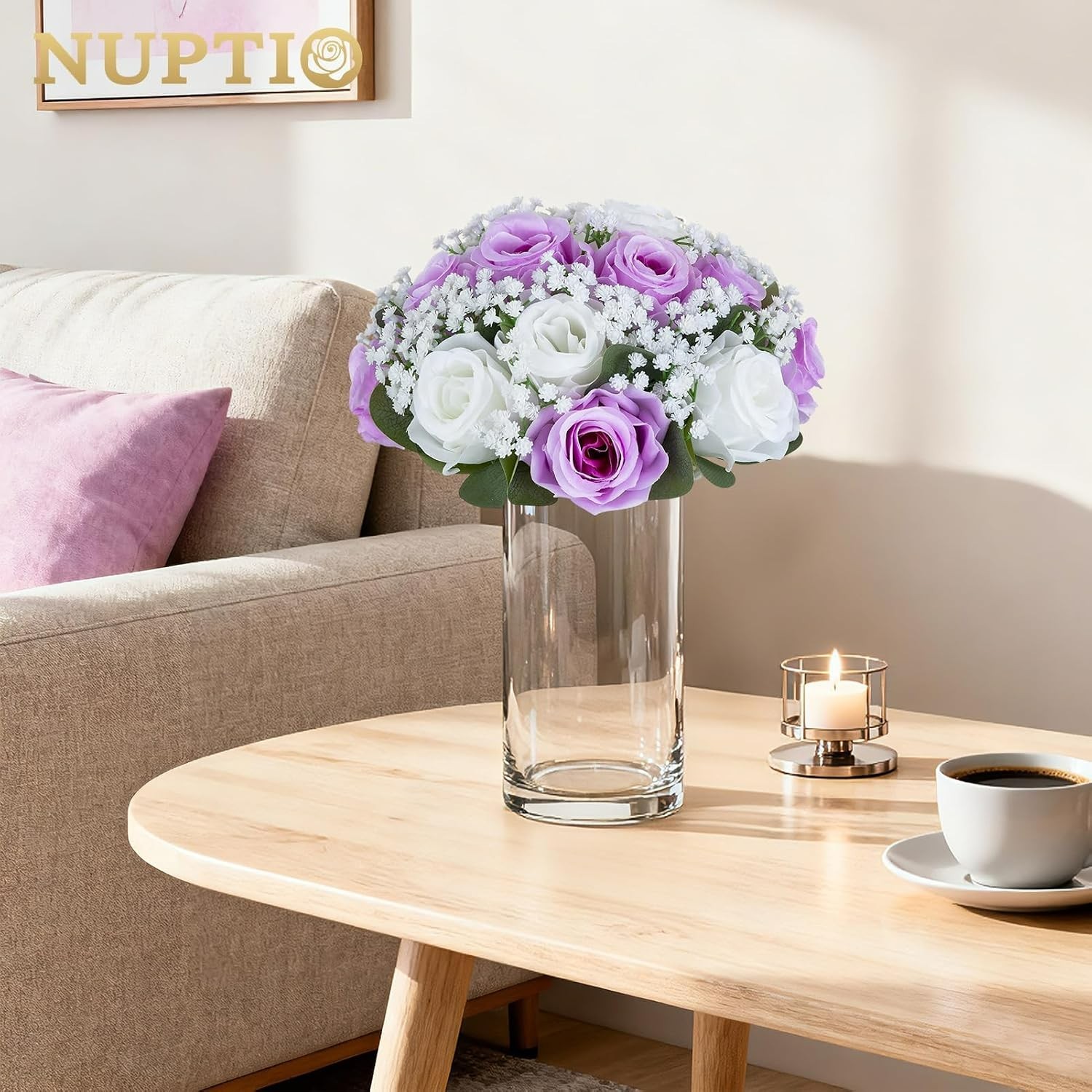 NUPTIO Flower Balls for Table Centerpieces: Purple & White Artificial Rose