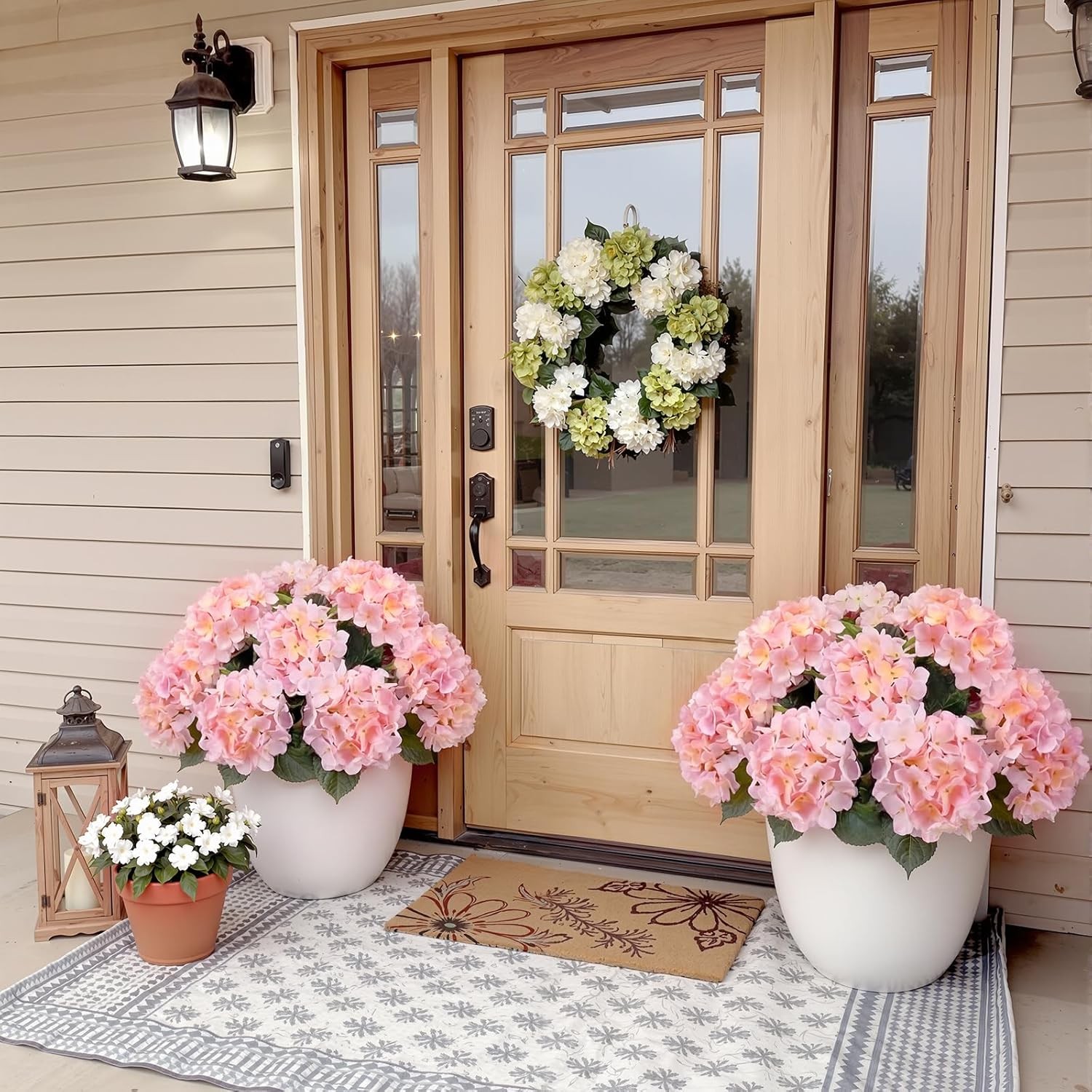 2 Pcs Pink & White Outdoor Artificial Hydrangea Stem Large Faux Hydrangea Bushes