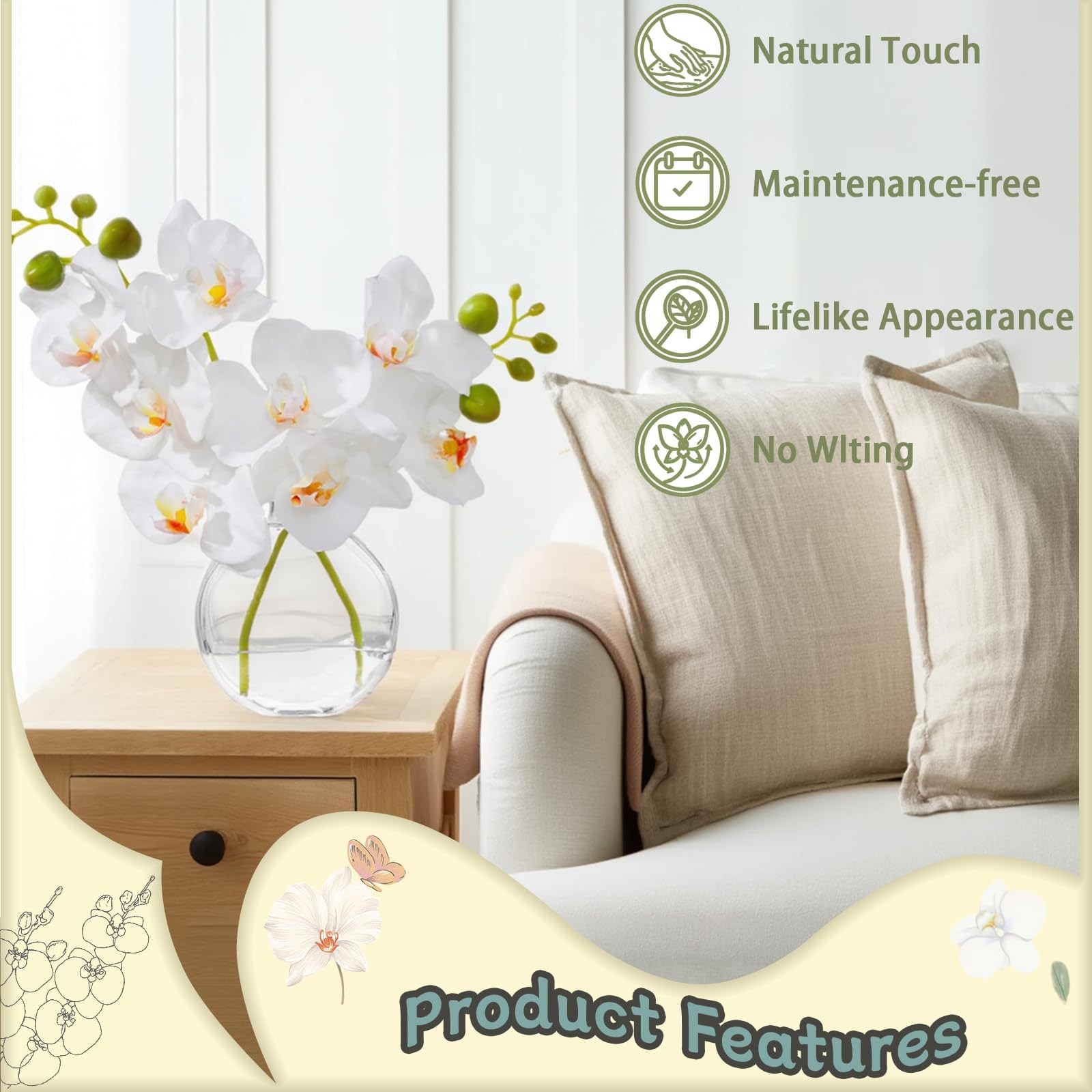 Artificial White Orchid in Glass Vase with Faux Water, 11″ Small Silk Phalaen…