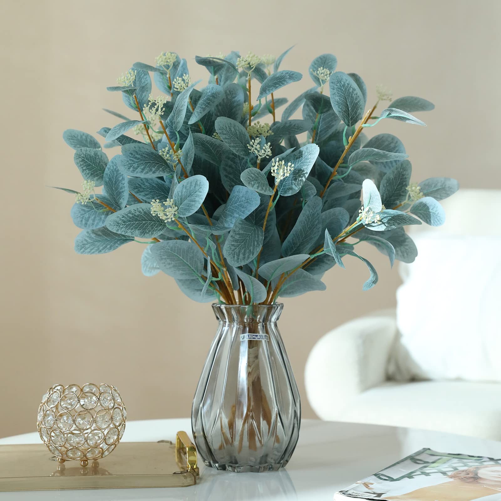 12Pcs Artificial Eucalyptus Stems, 20″ Faux Silk Leaves with Beige Berries Sk…