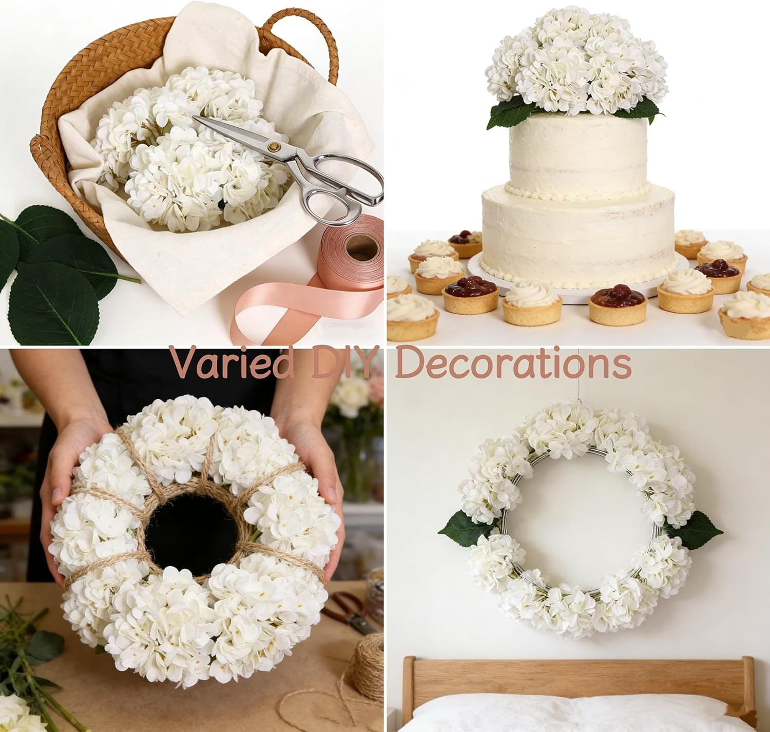 6pcs White Silk Hydrangea Flowers with Stems for Wedding