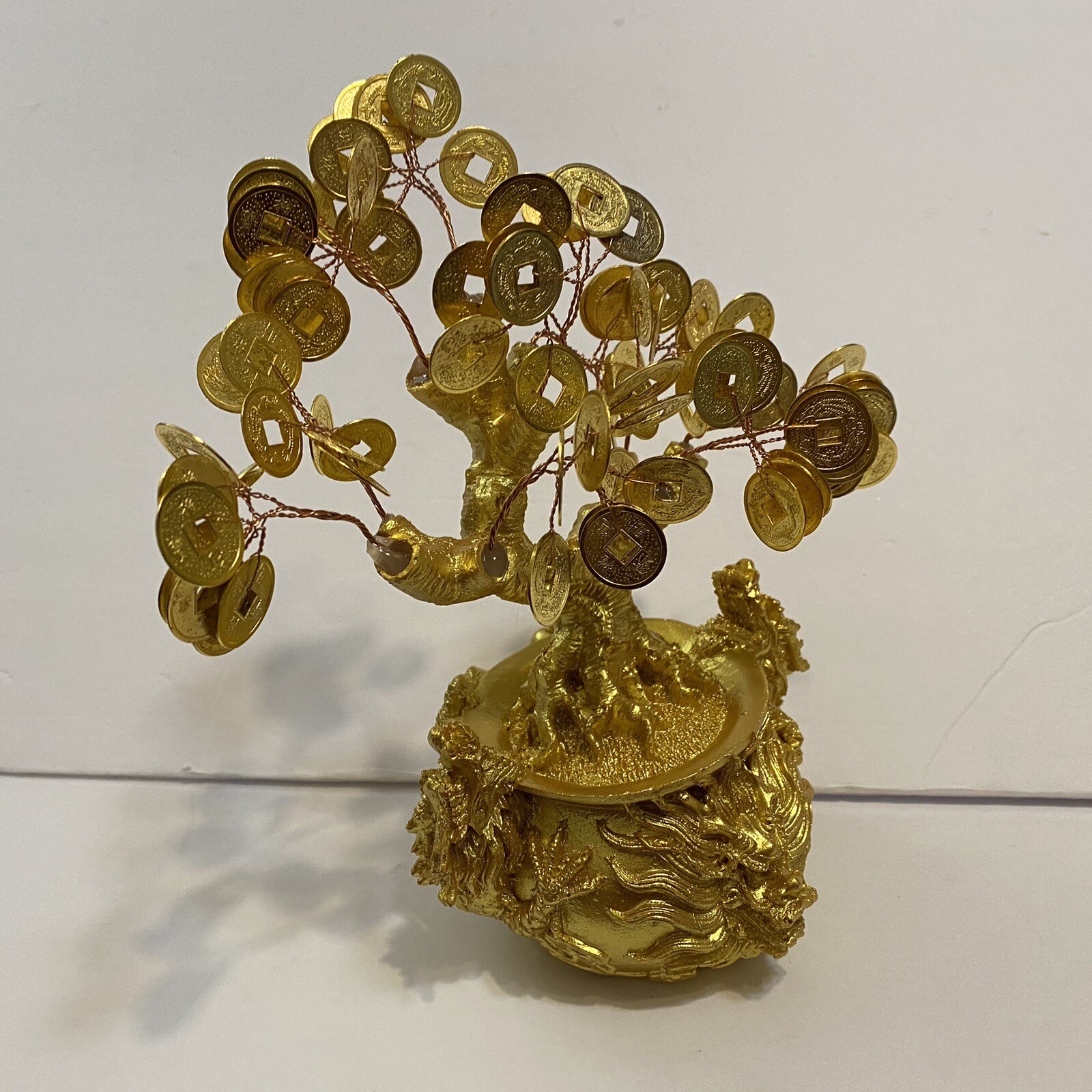 Feng Shui 9 “ Tall Money Tree Dragon Pot w/ Gold Coins Decor. for Luck / Wealth