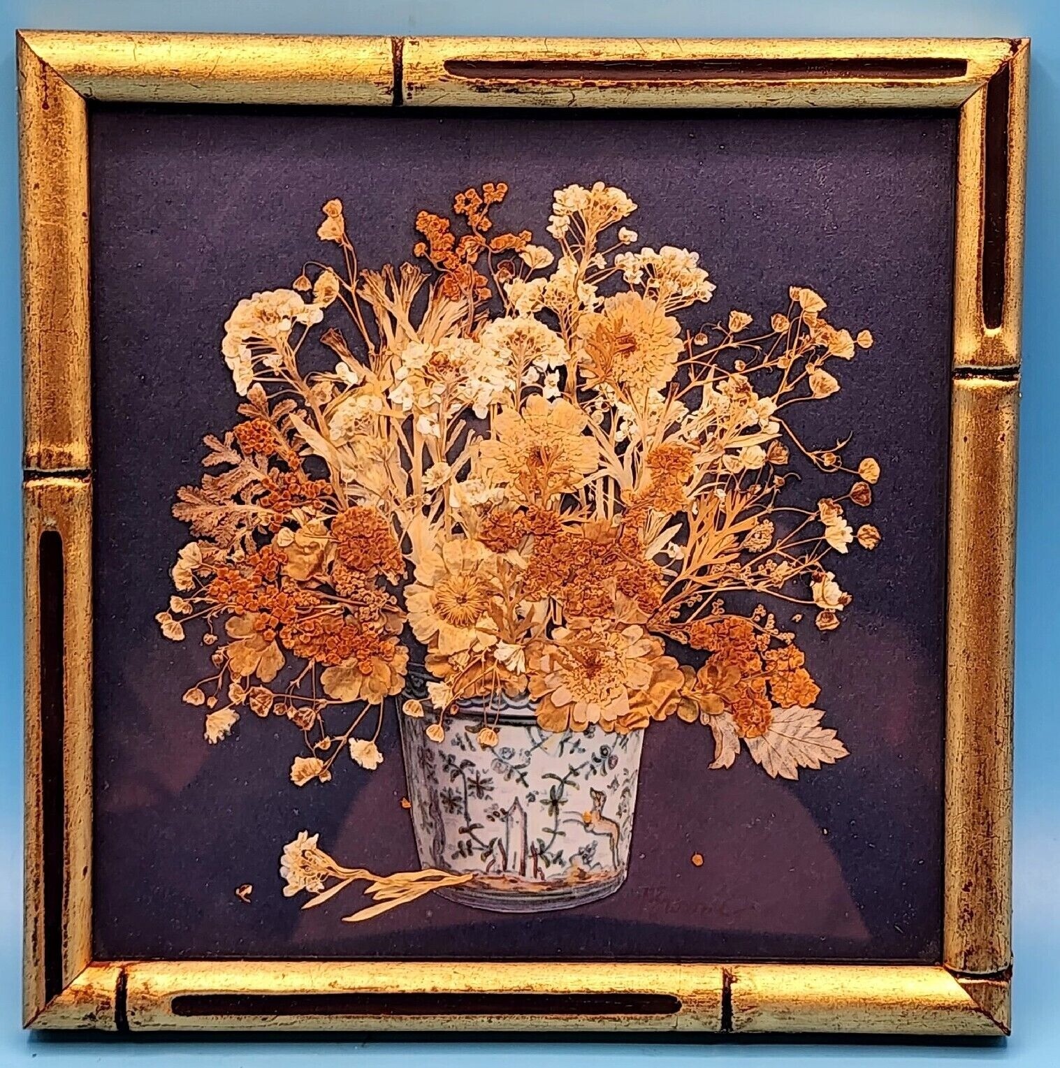 Garden Flowers of Summertime Pressed Flower Botanical Art Faux Bamboo Frame v1