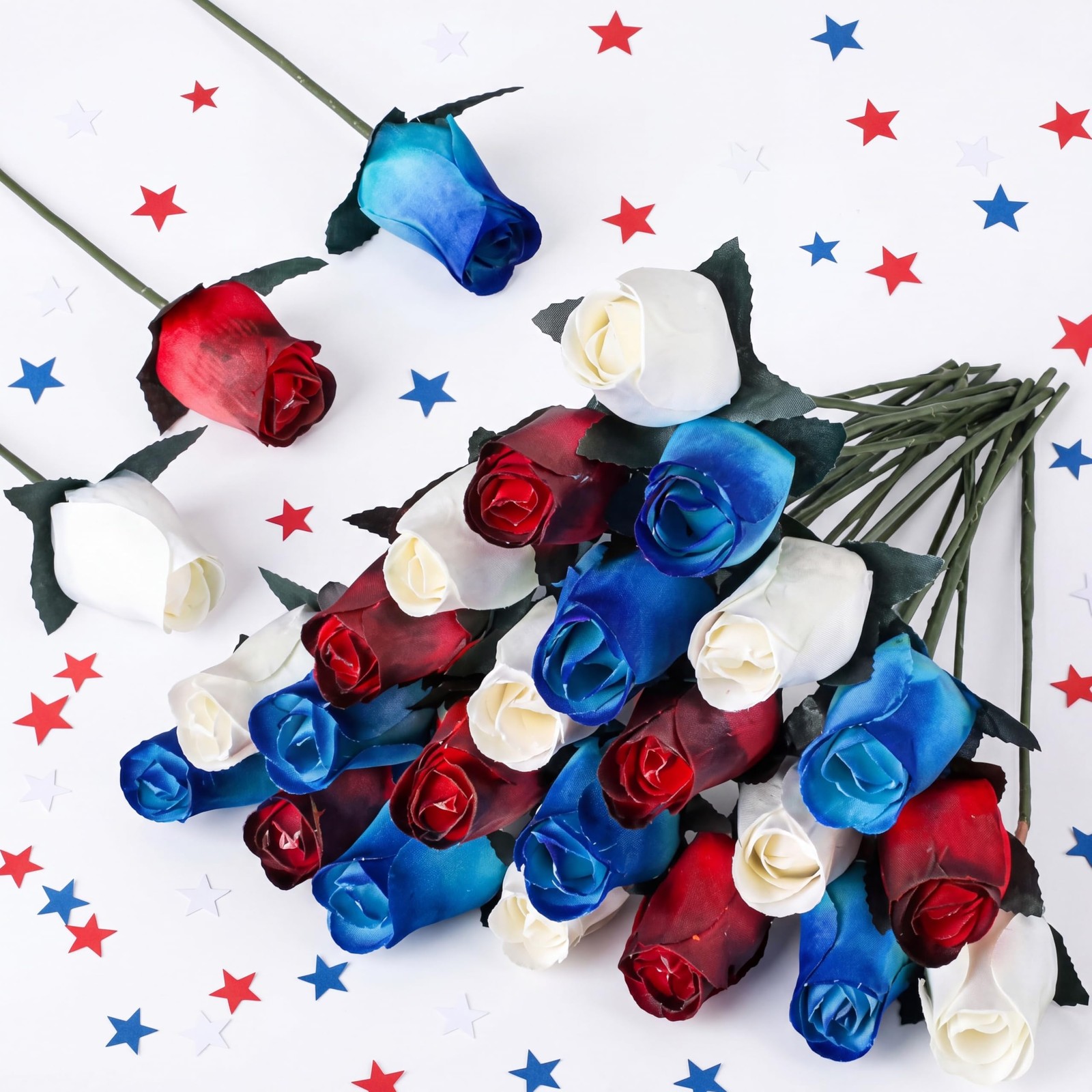 24 Pcs Realistic Patriotic Wooden Roses, 13 Inch Red Blue White Patriotic Bea…