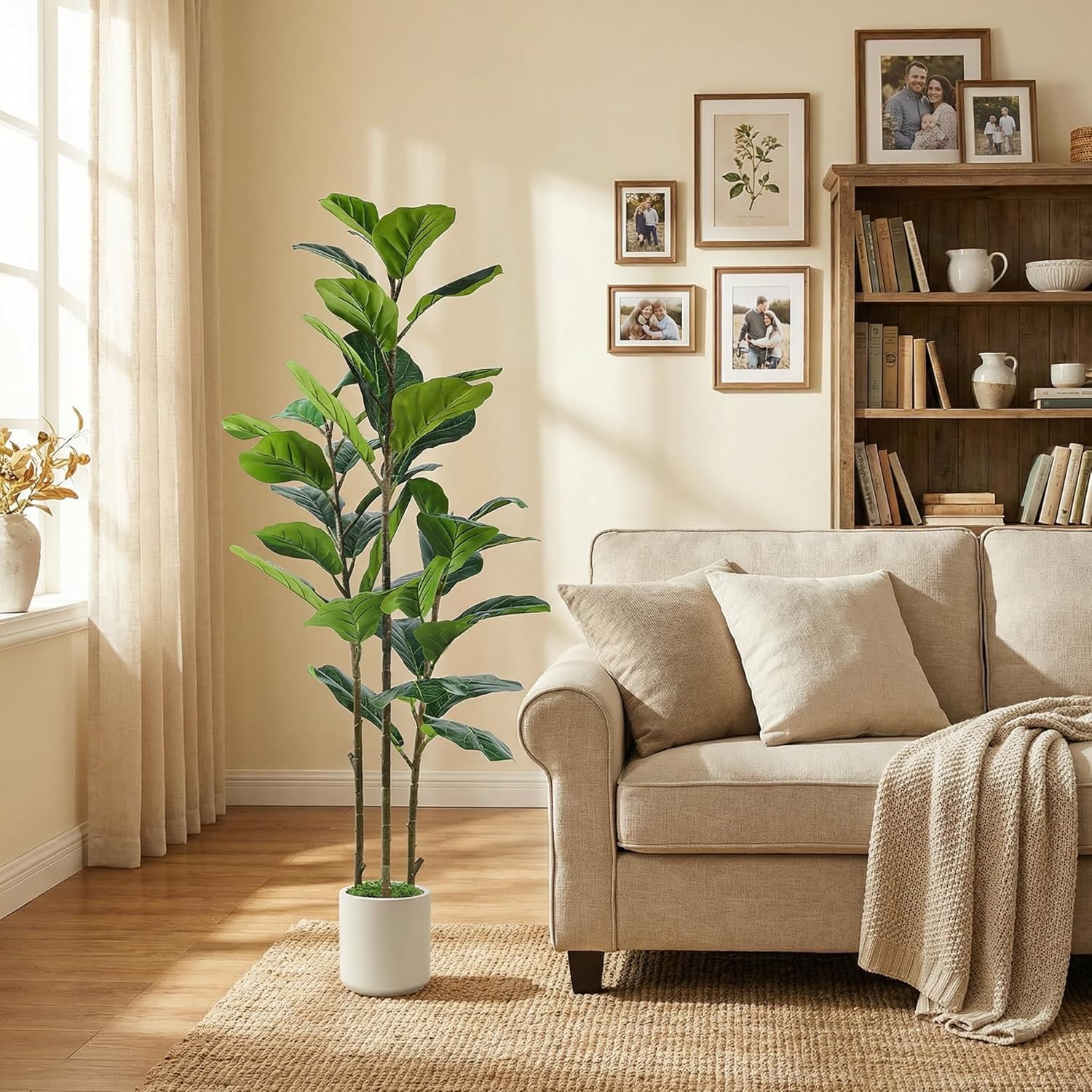 5FT Artificial Fiddle Leaf Fig Tree with White Planter Pot, 5 feet Tall Fake Tre