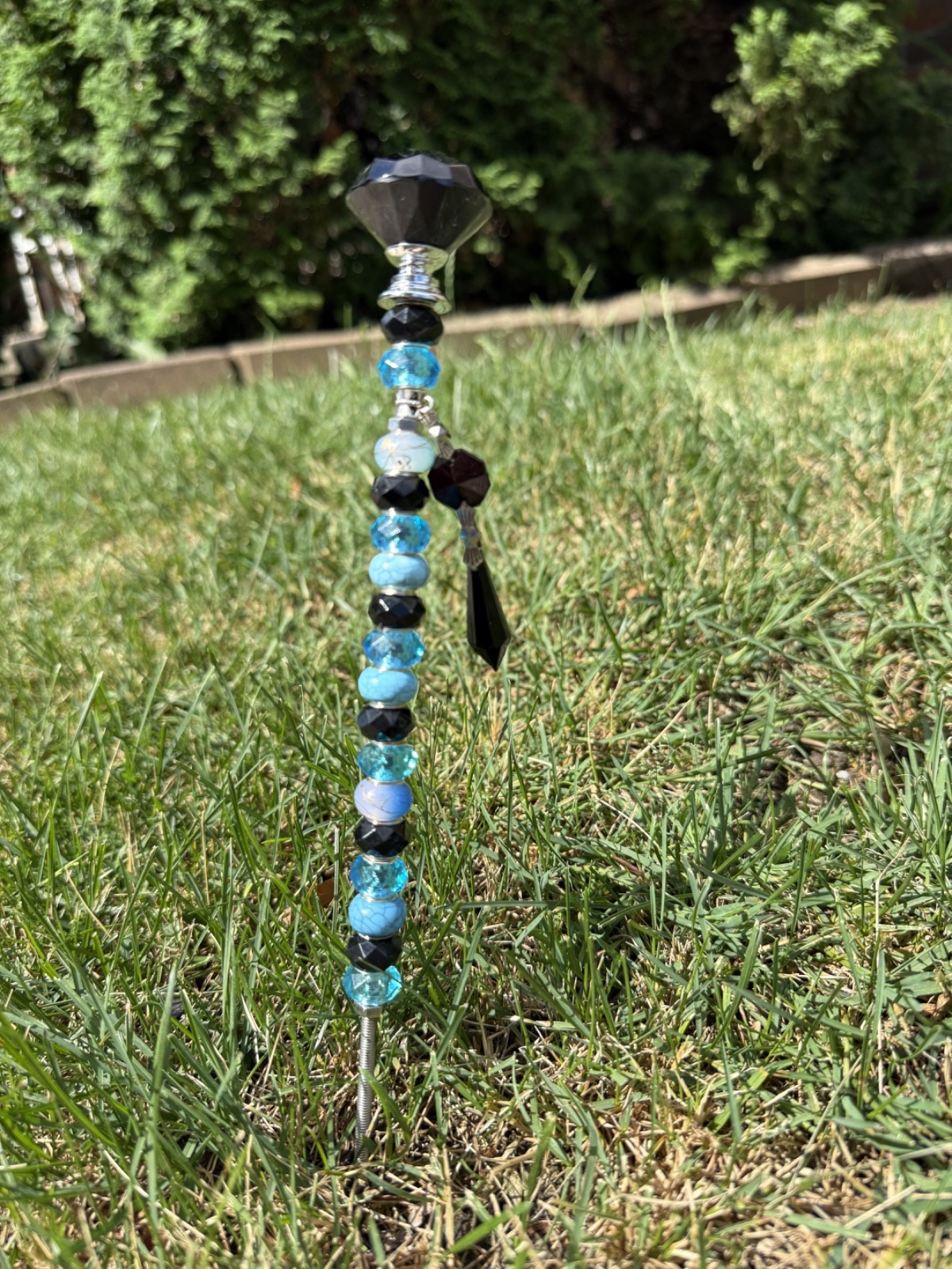 Glass Beaded Garden Stake Black Top with Black & Blue Beads, Black Charm, 12 in