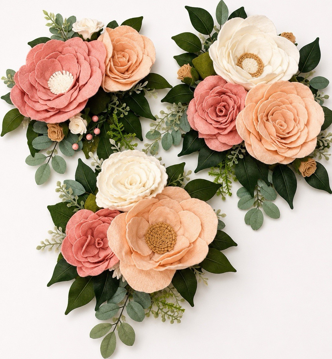Set of 3 Artificial Rose Floral Wall Decor Arrangements Pink Peach White Green