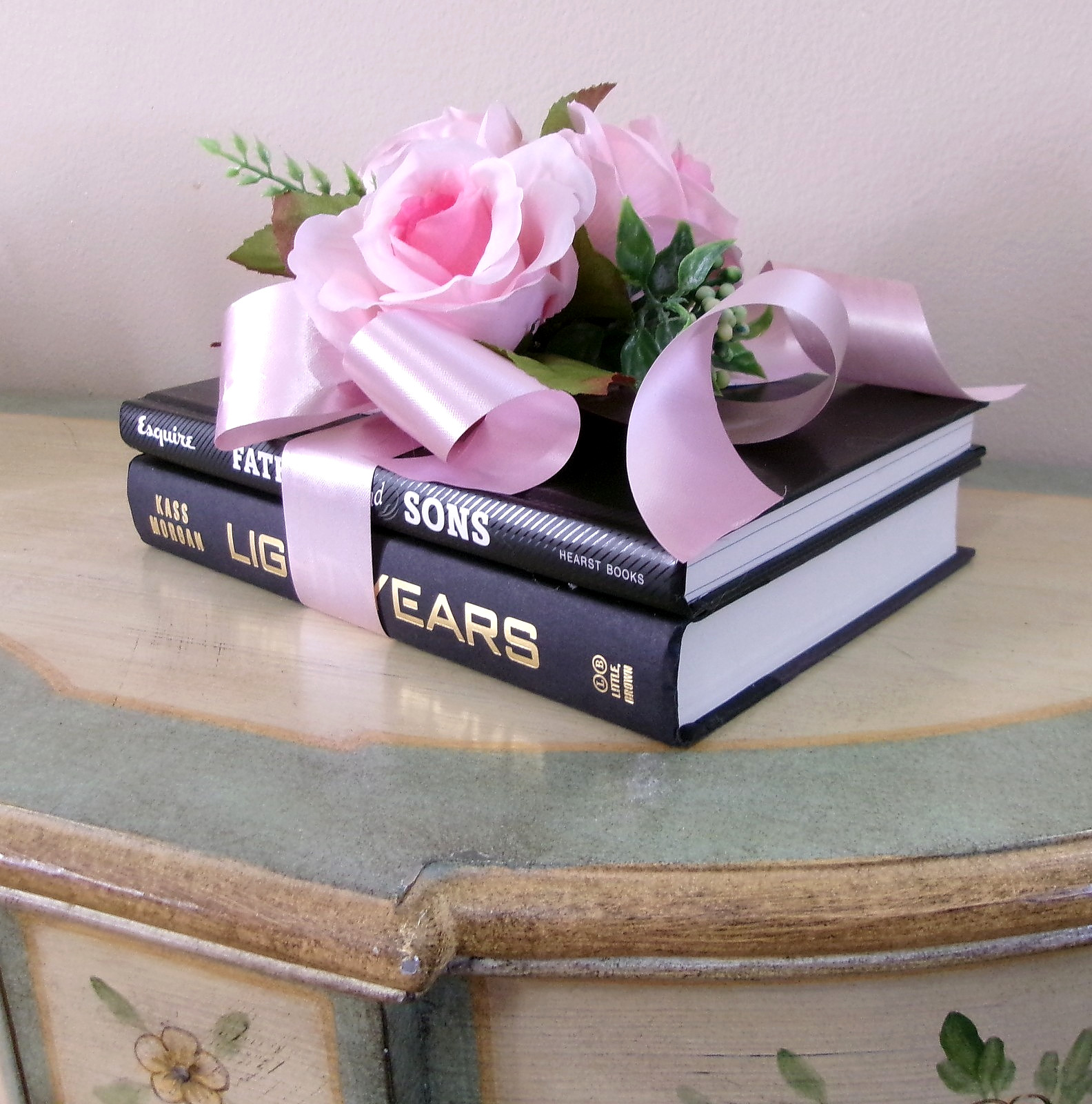 Decorative Book with Silk Pink Roses Accent Arrangement New