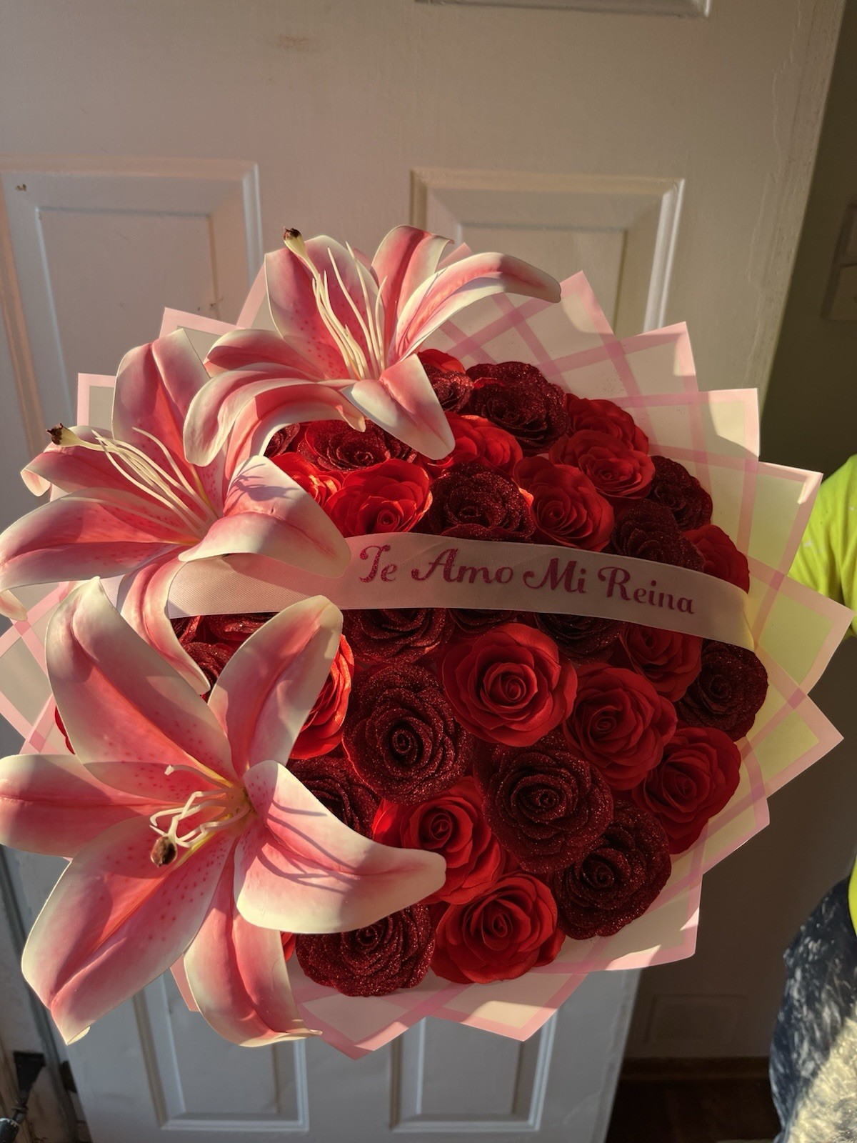 Artificial Red Rose & Pink/White Lily Flower Bouquet 50 Roses + Lilis