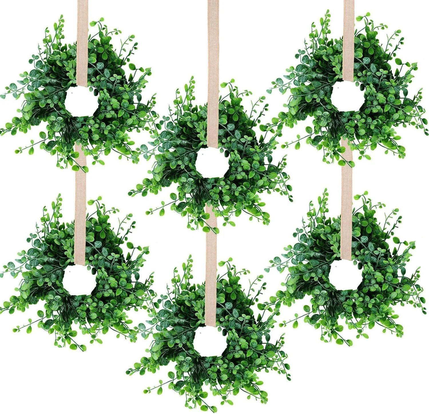 Mini Green Boxwood Candle Rings for Wedding and Home Decor (Set of 6)